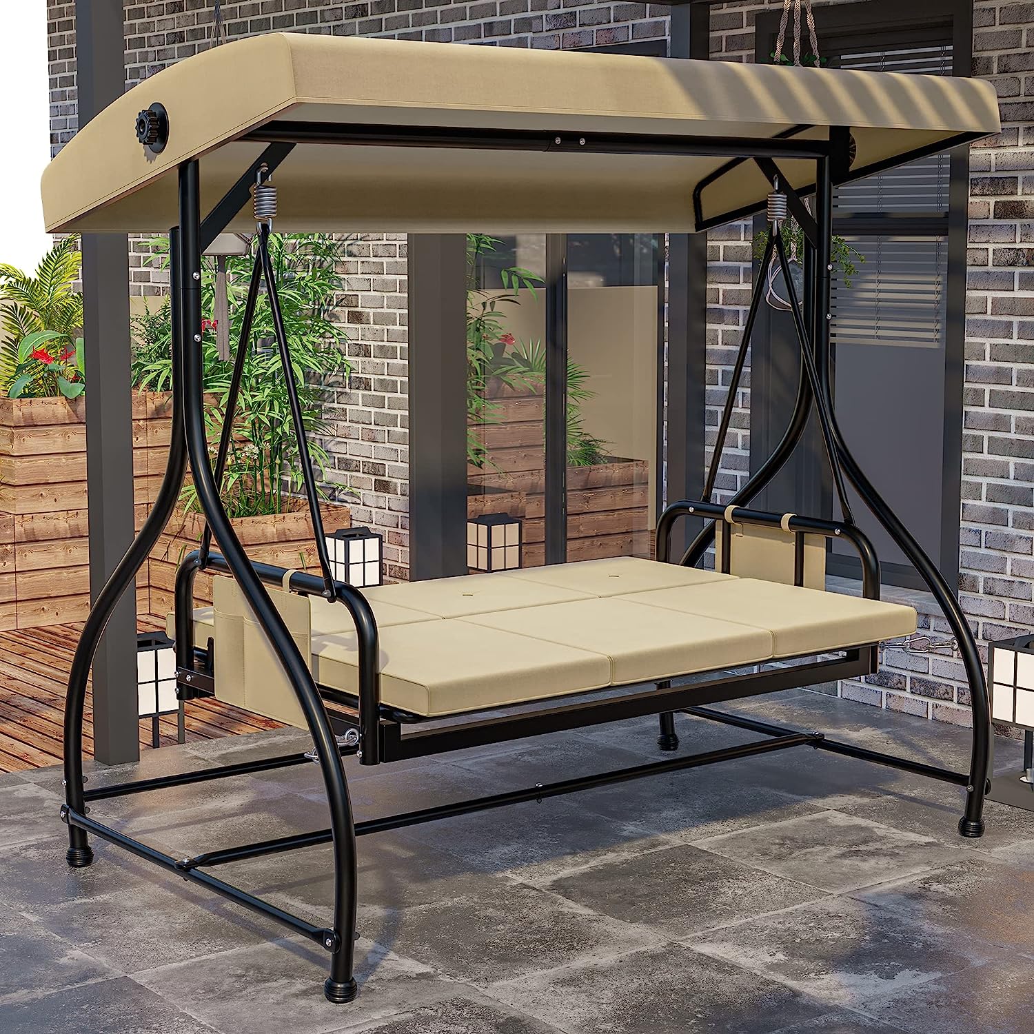 YITAHOME Porch Swing Bed 3-Seats Outdoor Patio Swing Heavy Duty Swing Chair with Adjustable Canopy Removable Cushion, Suitable for Adult in Garden, Poolside, Balcony, Brown