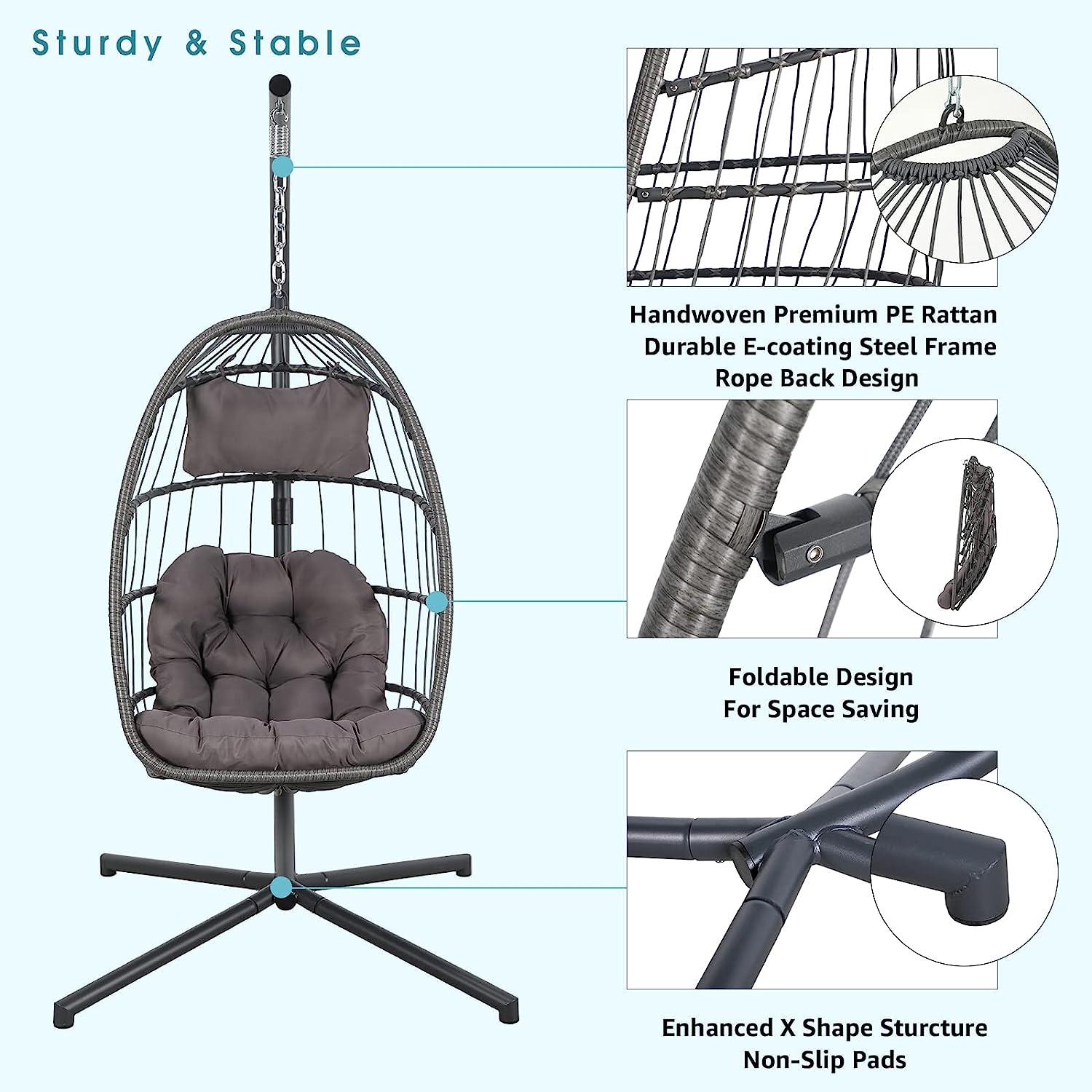 Patiorama Indoor Outdoor Egg Swing Chair with Stand, Patio Grey Wicker Rattan Hanging Chair with Rope Back, Cushion,Cover,All Weather Foldable Hammock Chair for Bedroom, Garden (Light Grey)