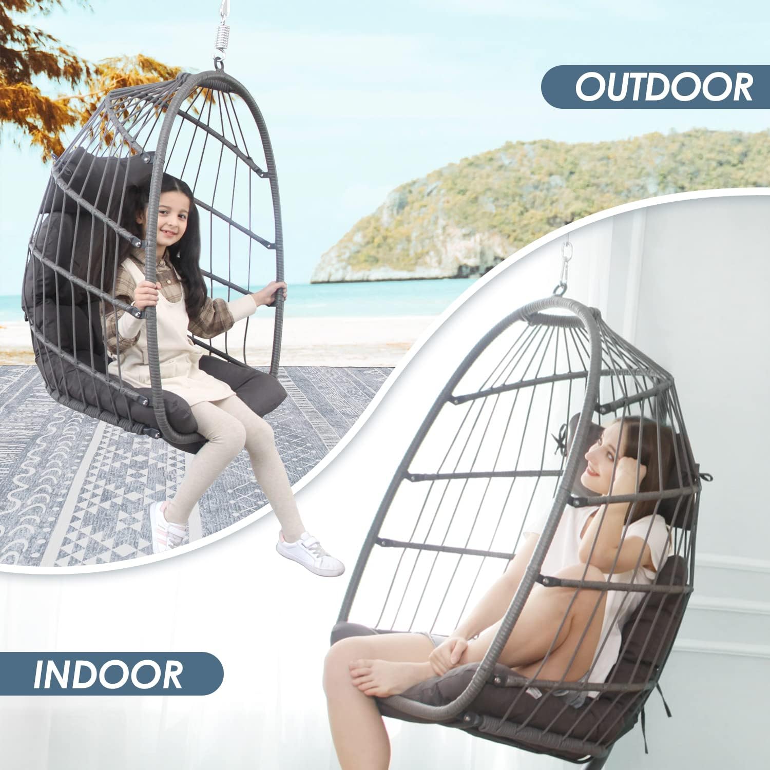 NICESOUL Hanging Egg Chair Without Stand PE Wicker Swing Hammock Egg Basket Ceiling Chairs with Cushions 265lbs Capaticy for Bedroom Living Room Patio Backyard Balcony (Brown)