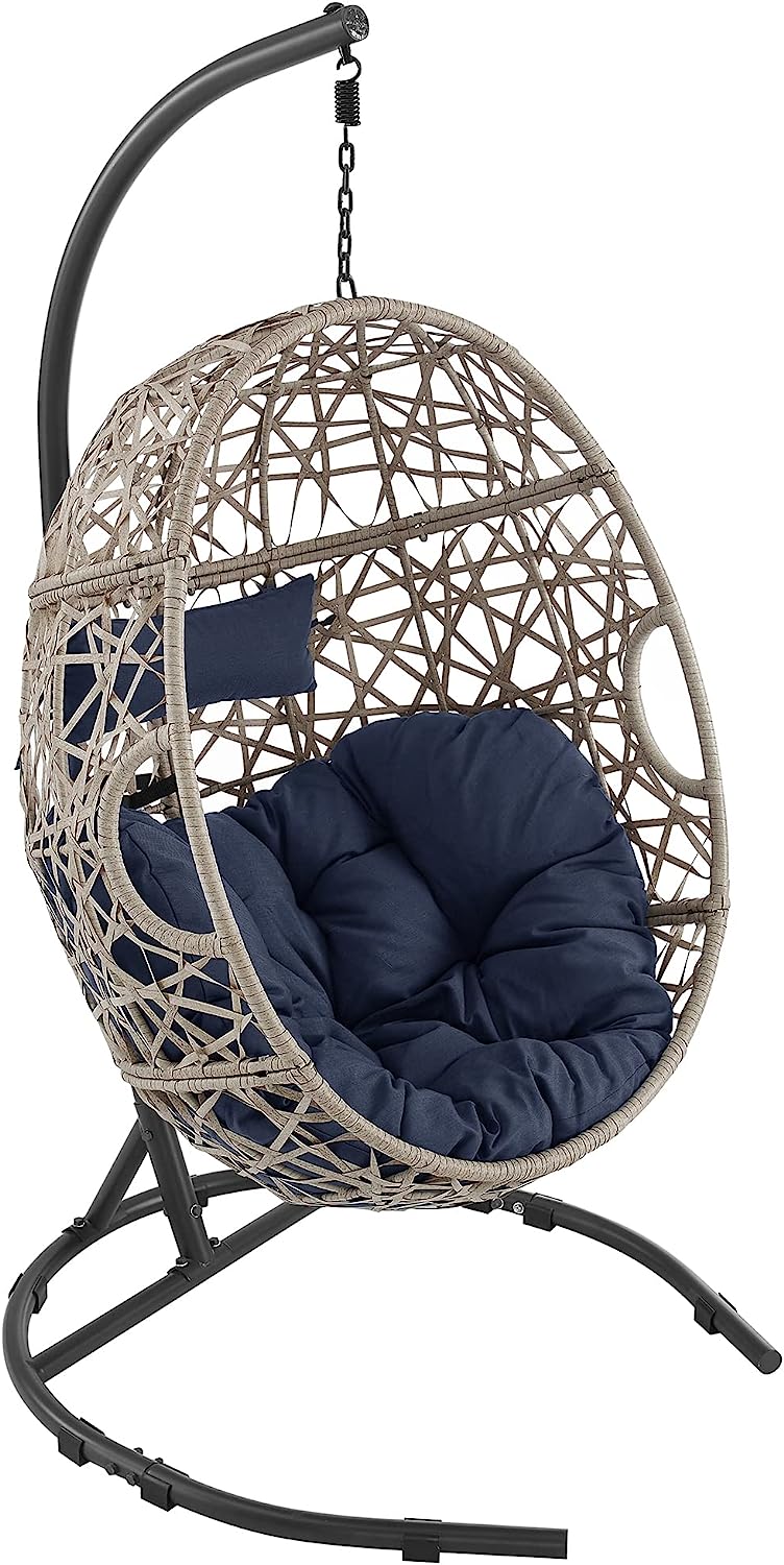Ulax Furniture Egg Chair, Hanging Swing Chair with Stand, Hanging Lounge Chair, Outdoor Patio Wicker Tear Drop Hammock Chair with Cushion (Navy)