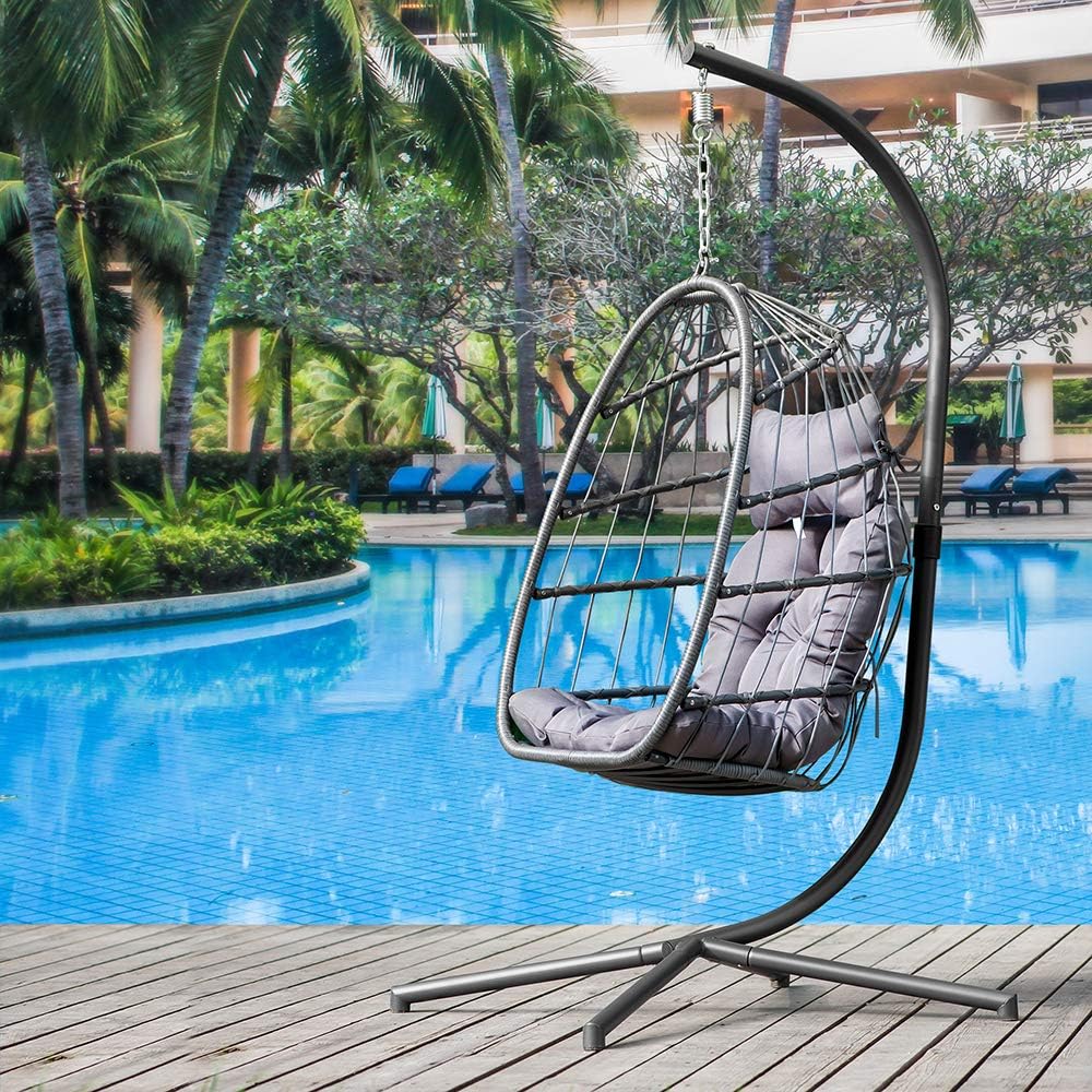 Patio Hanging Egg Chair with Stand Swing Chair,Basket Swinging Chair,Porch Chaise Lounge Chair,Rattan Wicker Hammock Chair with Deep Cushion for Indoor Outdoor Home Bedroom Backyard Balcony (Gray)