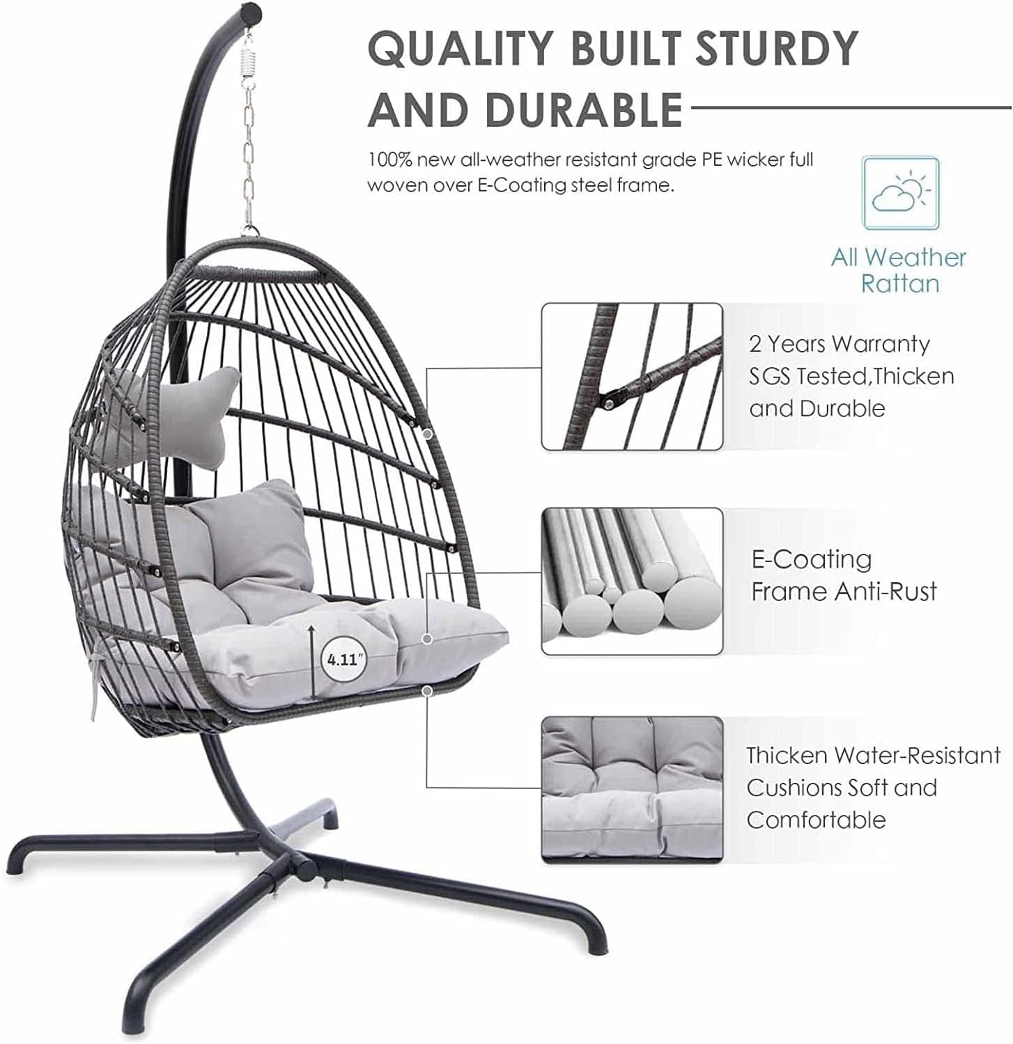 Indoor Outdoor Patio Wicker Hanging Chair Swing Egg Basket Chairs with Stand UV Resistant Cushions 350lbs Capaticy for Patio Backyard Balcony Xmas Gift