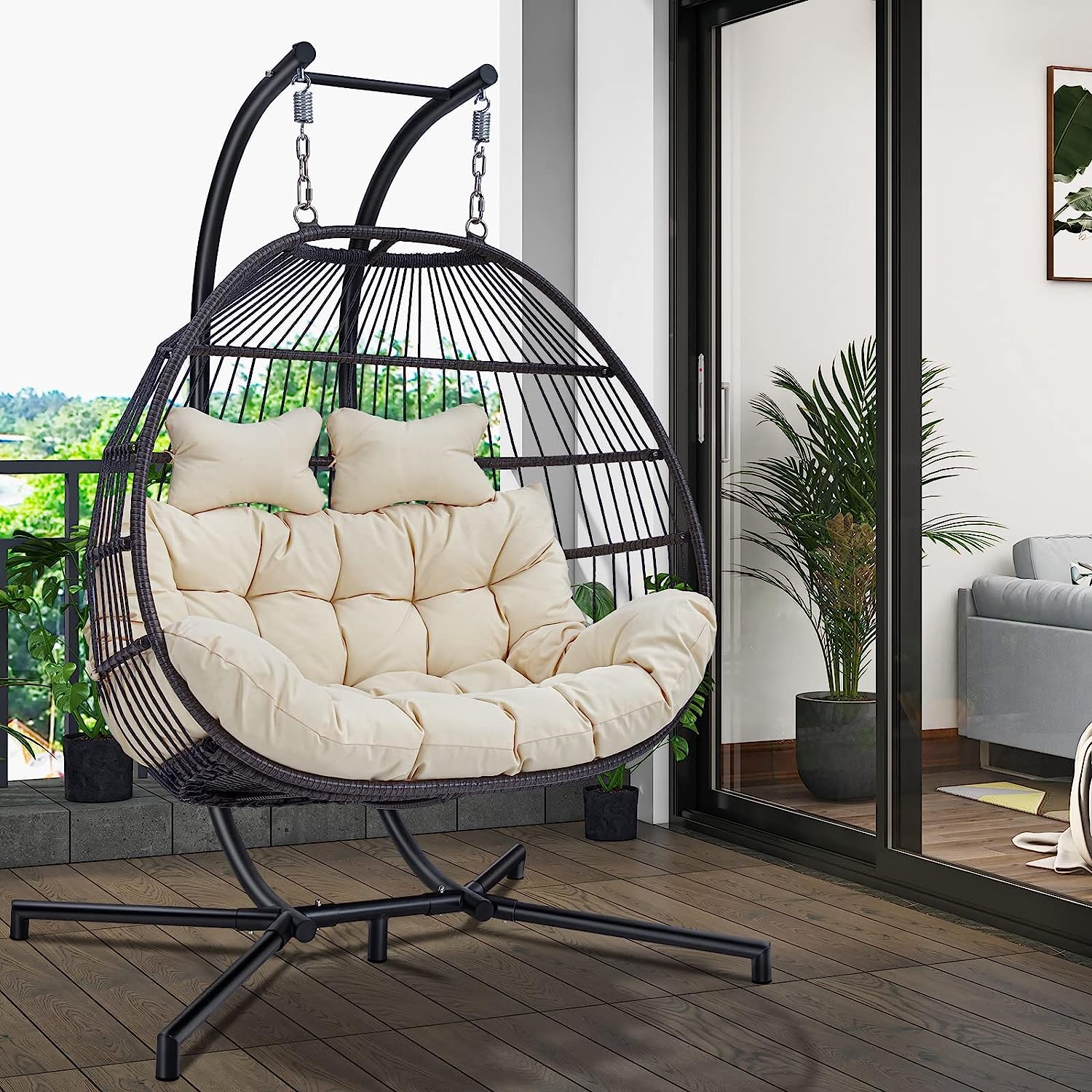 JOYBASE Hanging Egg Chair with Stand, Outdoor Wicker Rattan Egg Swing Chair with Stand and Cushion for Indoor Outdoor Bedroom Patio Garden (Grey/Black)