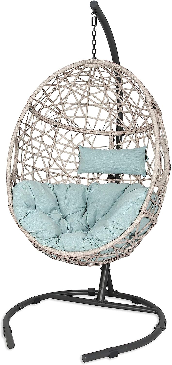 Iwicker Outdoor Rattan Egg Hanging Swing Chair with Cushions and Stand (Beige)