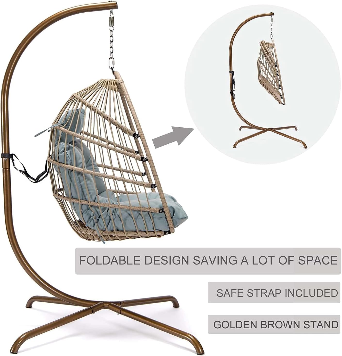 Swing Egg Chair Without Stand Indoor Outdoor Wicker Rattan Patio Basket Hanging Chair with UV Resistant Cushions 265lbs Capaticy for Bedroom Balcony Patio (Without Stand)