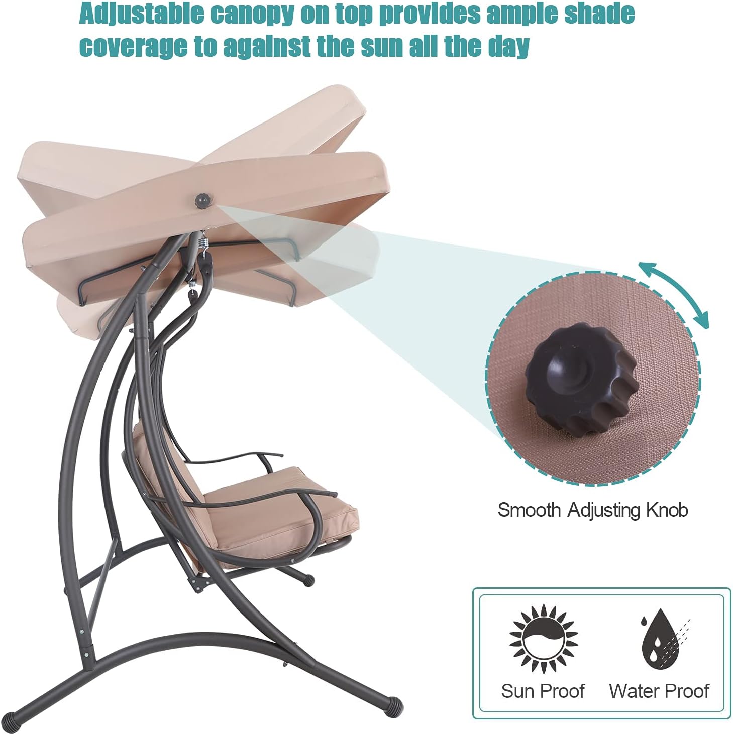 MFSTUDIO 3 Seat Patio Porch Swing, Outdoor Adjustable Canopy Swing Glider with Foldable Side Table and Removable Cushion for,Garden, Poolside, Balcony, Backyard (Beige) …