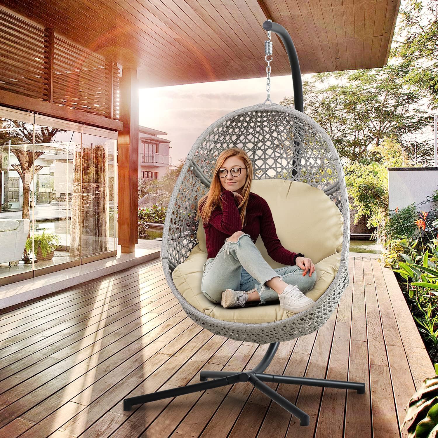 PRIVATE GARDEN Large Hanging Egg Chair with Stand Upgraded Wicker Egg Swing Chair Outdoor Indoor PE Rattan Hanging Chair with Grey Comfort Cushion Heavy Duty C-Stand