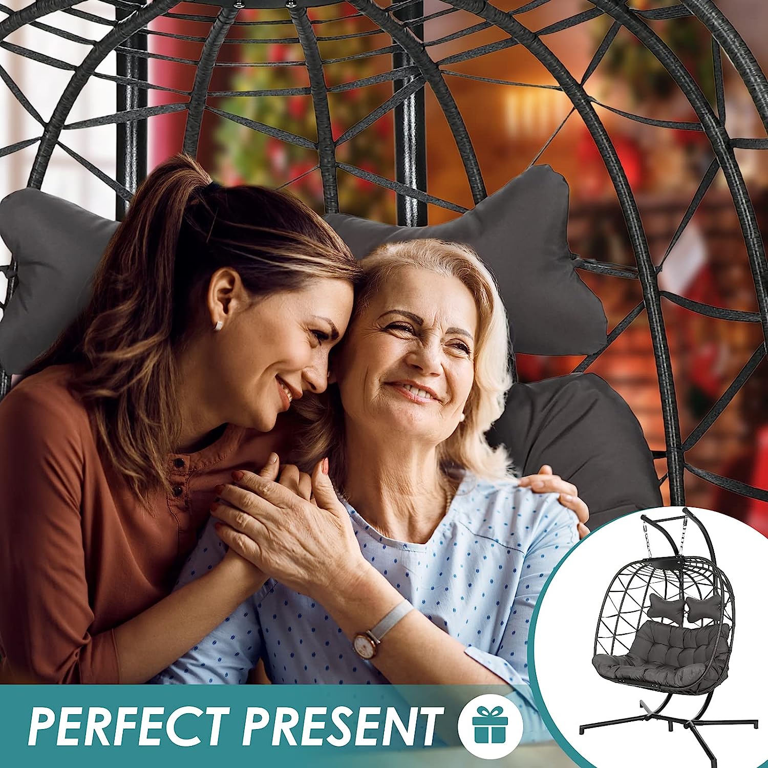 RADIATA Double Egg Chair with Stand Luxury Outdoor Patio Wicker Loveseat Hanging Swing Egg Chairs with Resistant Cushions Metal Frame 500 lbs Capaticy for 2 Persons Patio Backyard Balcony