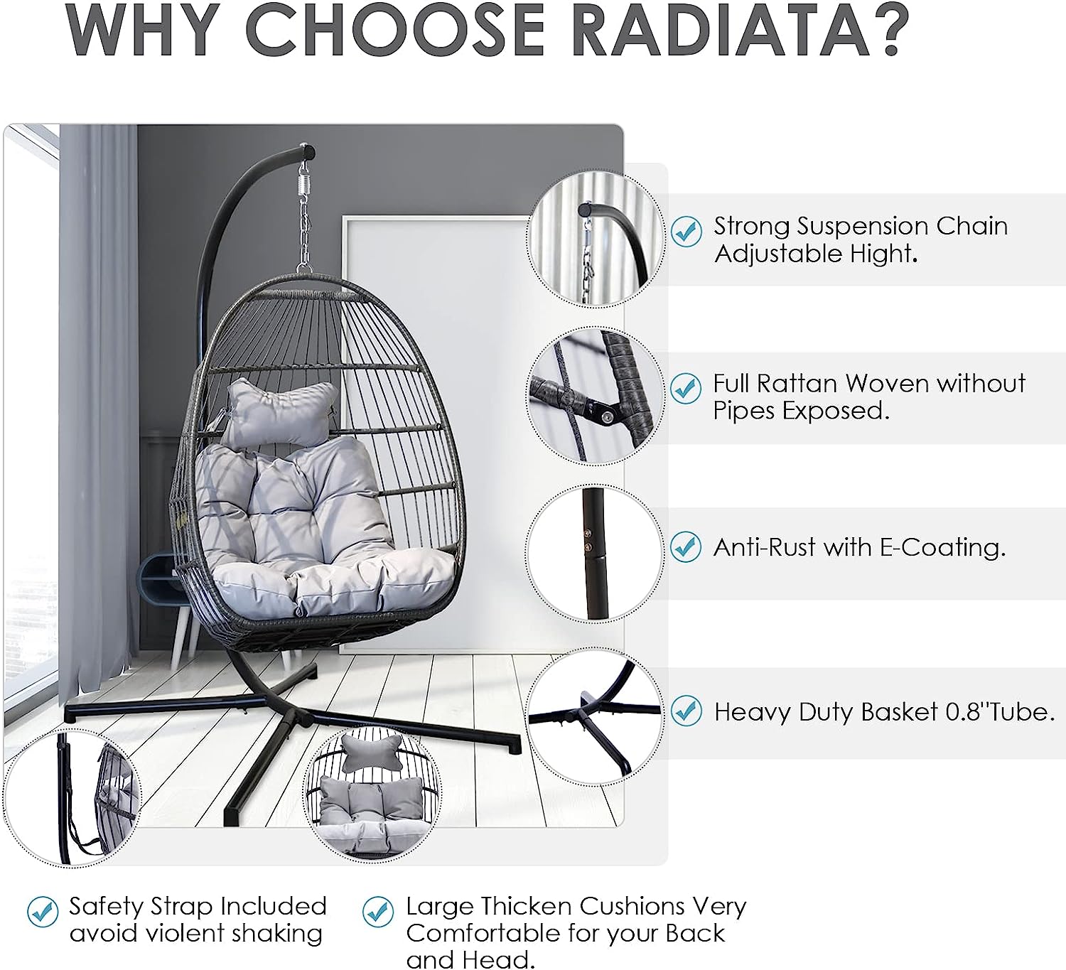 RADIATA Double Egg Chair with Stand Luxury Outdoor Patio Wicker Loveseat Hanging Swing Egg Chairs with Resistant Cushions Metal Frame 500 lbs Capaticy for 2 Persons Patio Backyard Balcony