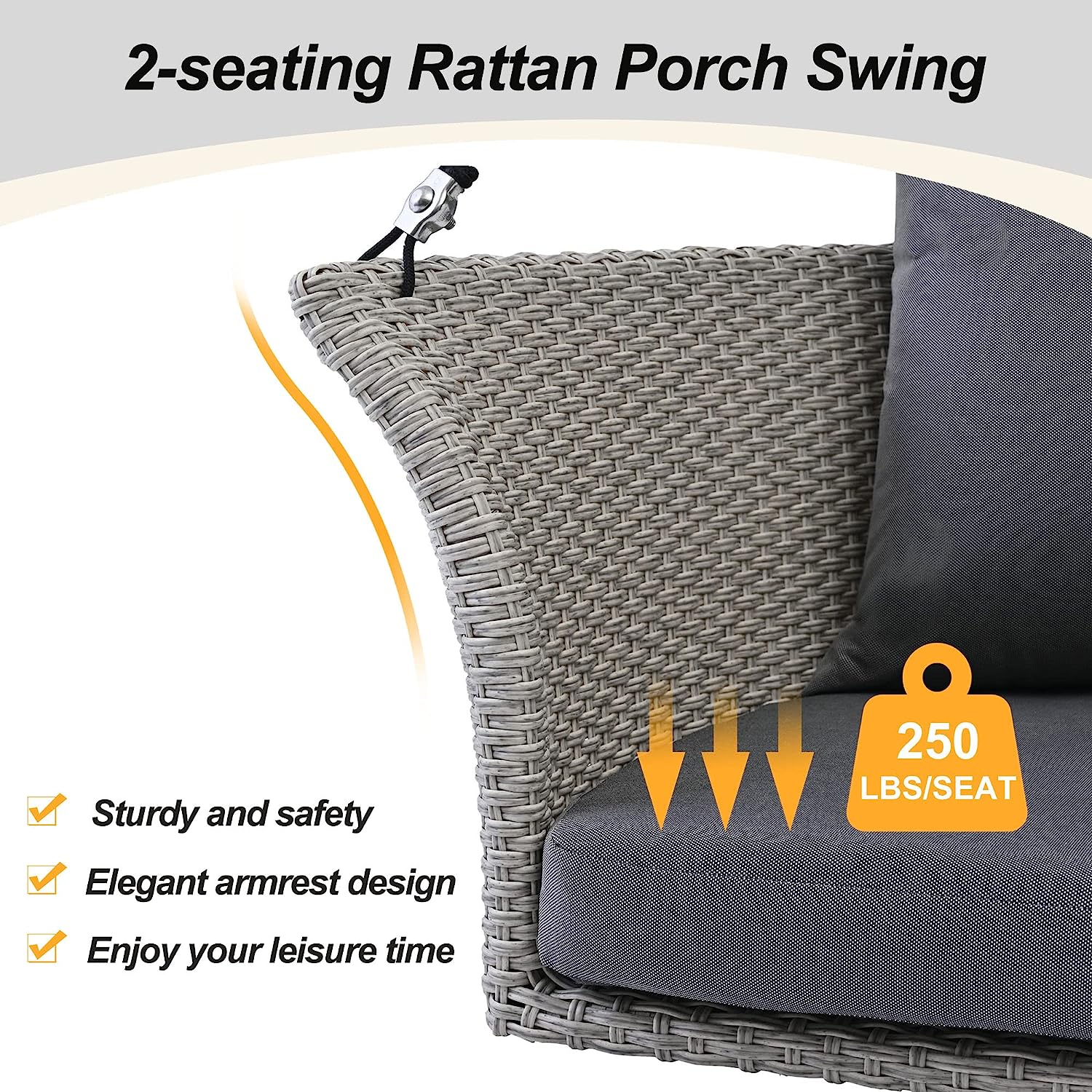 Patio 51.9” 2-Person Swing Chair,Outdoor Rattan Woven Hanging Seat with Adjustable Rope and Cushion,for Porch Lawn Garden Backyard Balconies (Black&b)