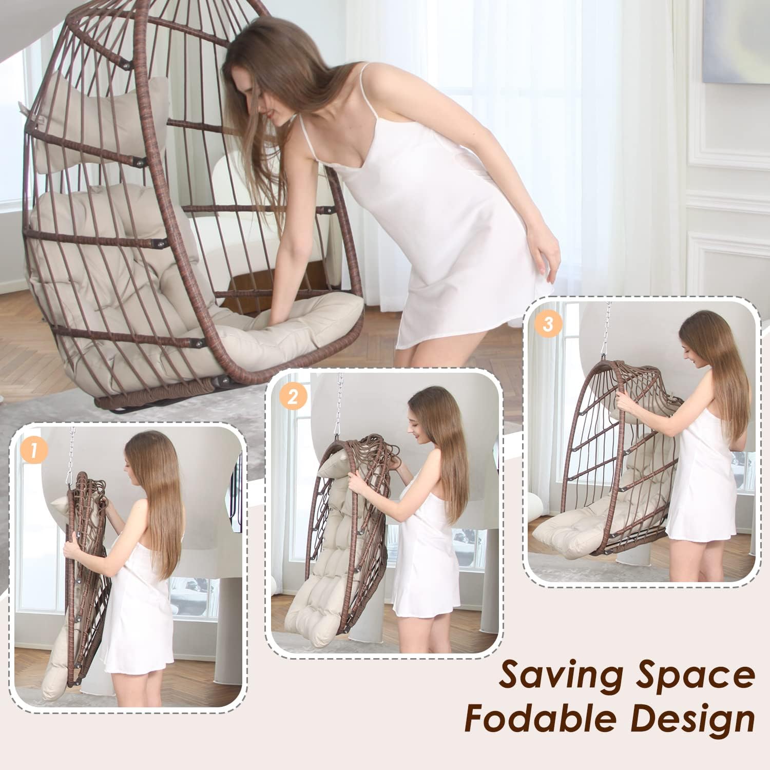 NICESOUL Hanging Egg Chair Without Stand PE Wicker Swing Hammock Egg Basket Ceiling Chairs with Cushions 265lbs Capaticy for Bedroom Living Room Patio Backyard Balcony (Brown)