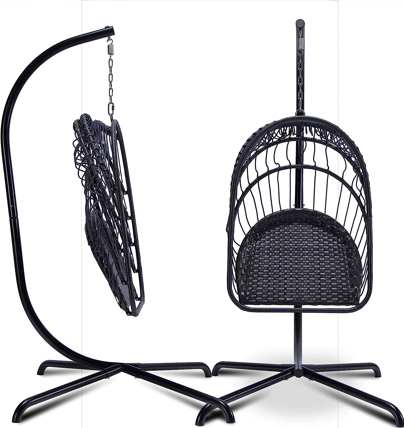 Hanging Chair with Stand Hanging Basket Chair Indoor Outdoor Brown Rattan Wicker Chair Swing with Beige Cushion Swing Chair Hanging Egg Hammock for Patio Yard Living Room Bed Room (Brown)