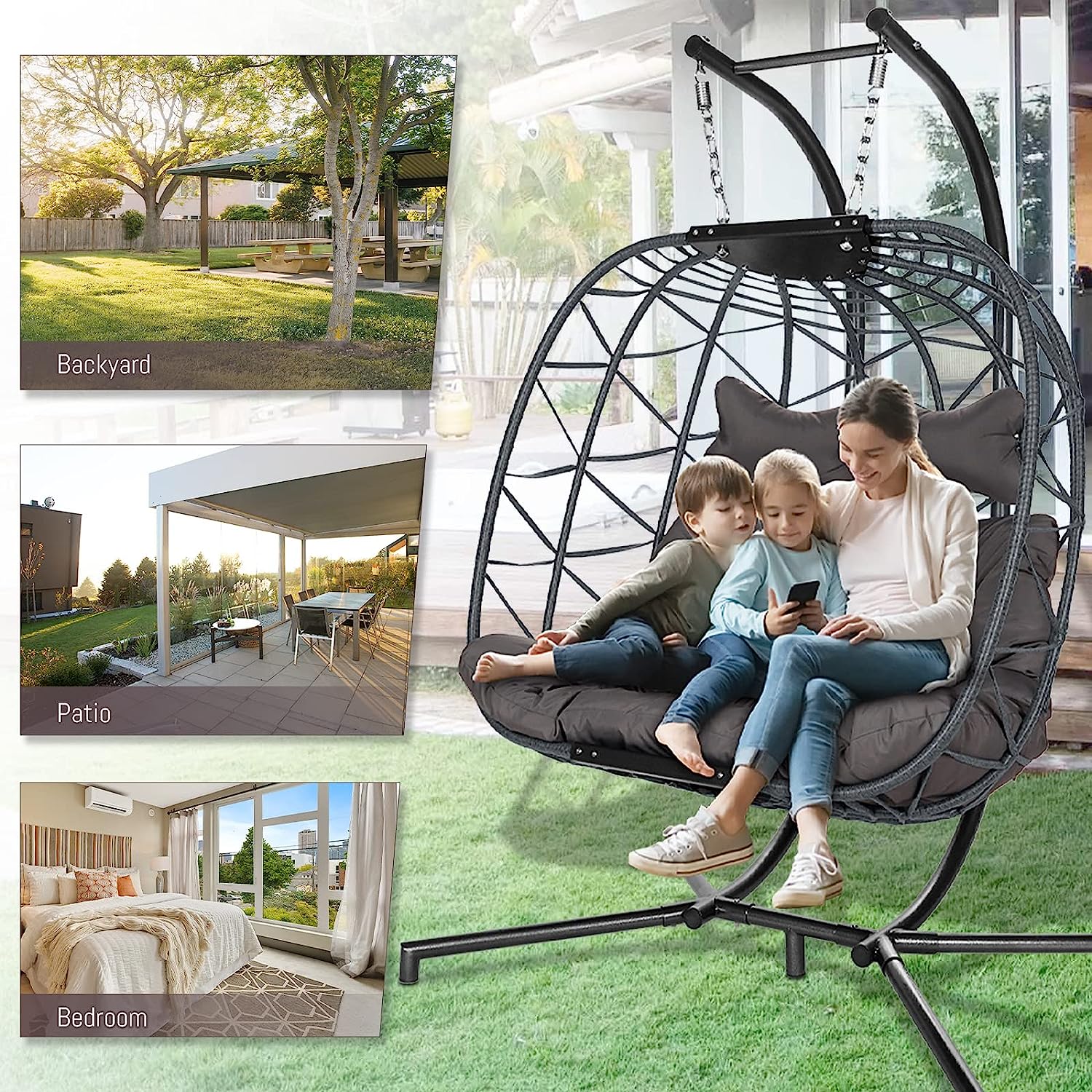 Swing Egg Chair Without Stand Indoor Outdoor Wicker Rattan Patio Basket Hanging Chair with UV Resistant Cushions 265lbs Capaticy for Bedroom Balcony Patio (Without Stand)