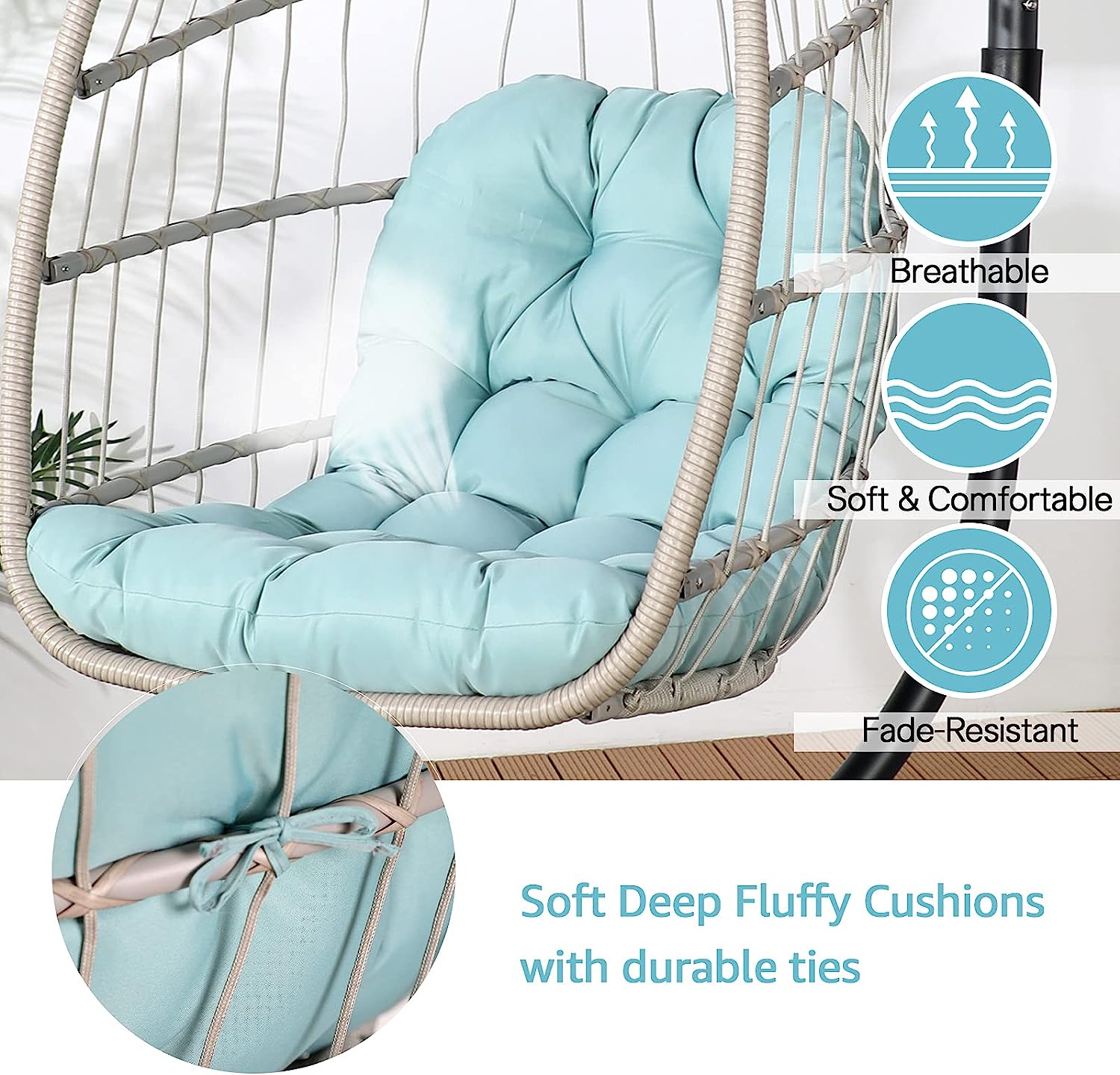 Patiorama Indoor Outdoor Egg Swing Chair with Stand, Patio Grey Wicker Rattan Hanging Chair with Rope Back, Cushion,Cover,All Weather Foldable Hammock Chair for Bedroom, Garden (Light Grey)