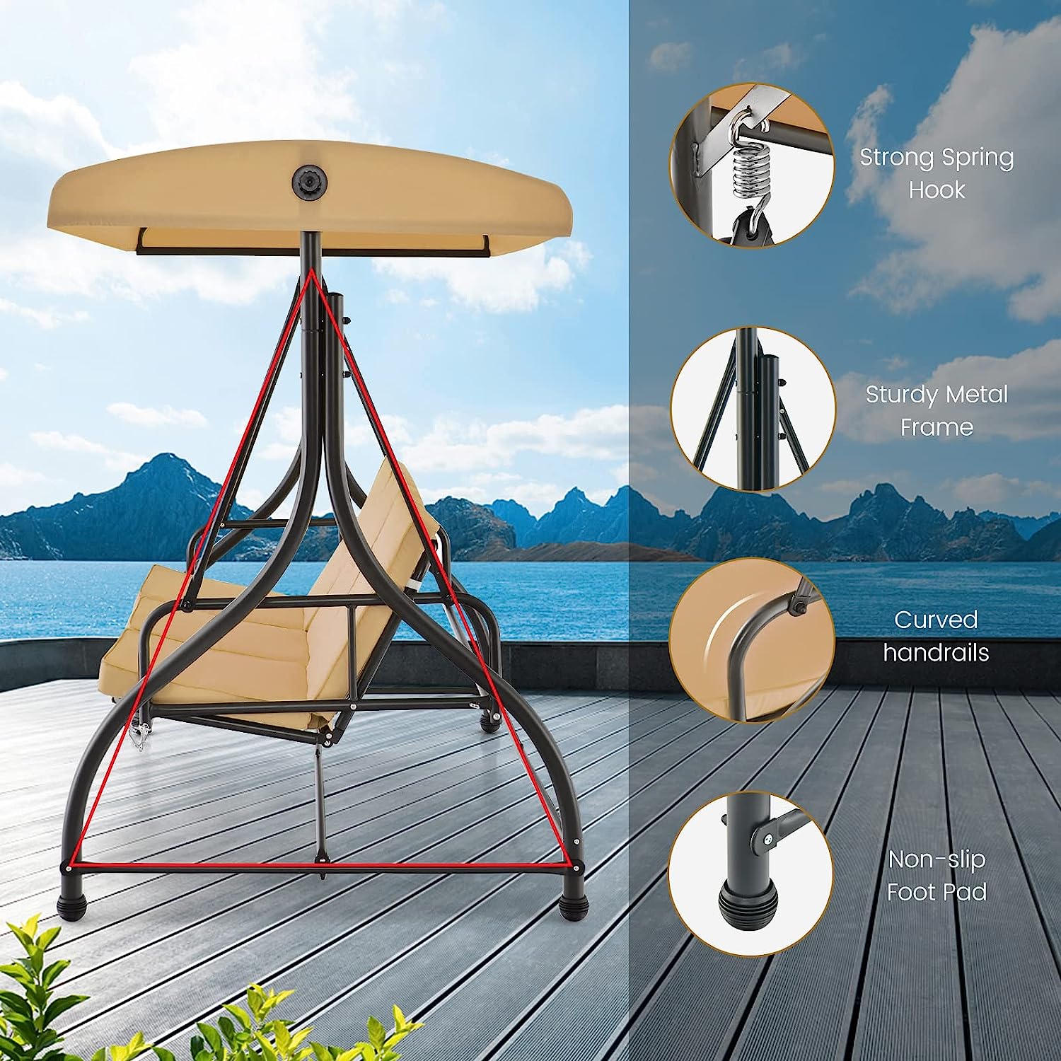 Tangkula 3 Person Porch Swing, 2-in-1 Convertible Patio Swing Bed with Removable Cushions, Solid Steel Structure, Outdoor Swing with Adjustable Canopy for Backyard, Balcony, Poolside (Turquoise)