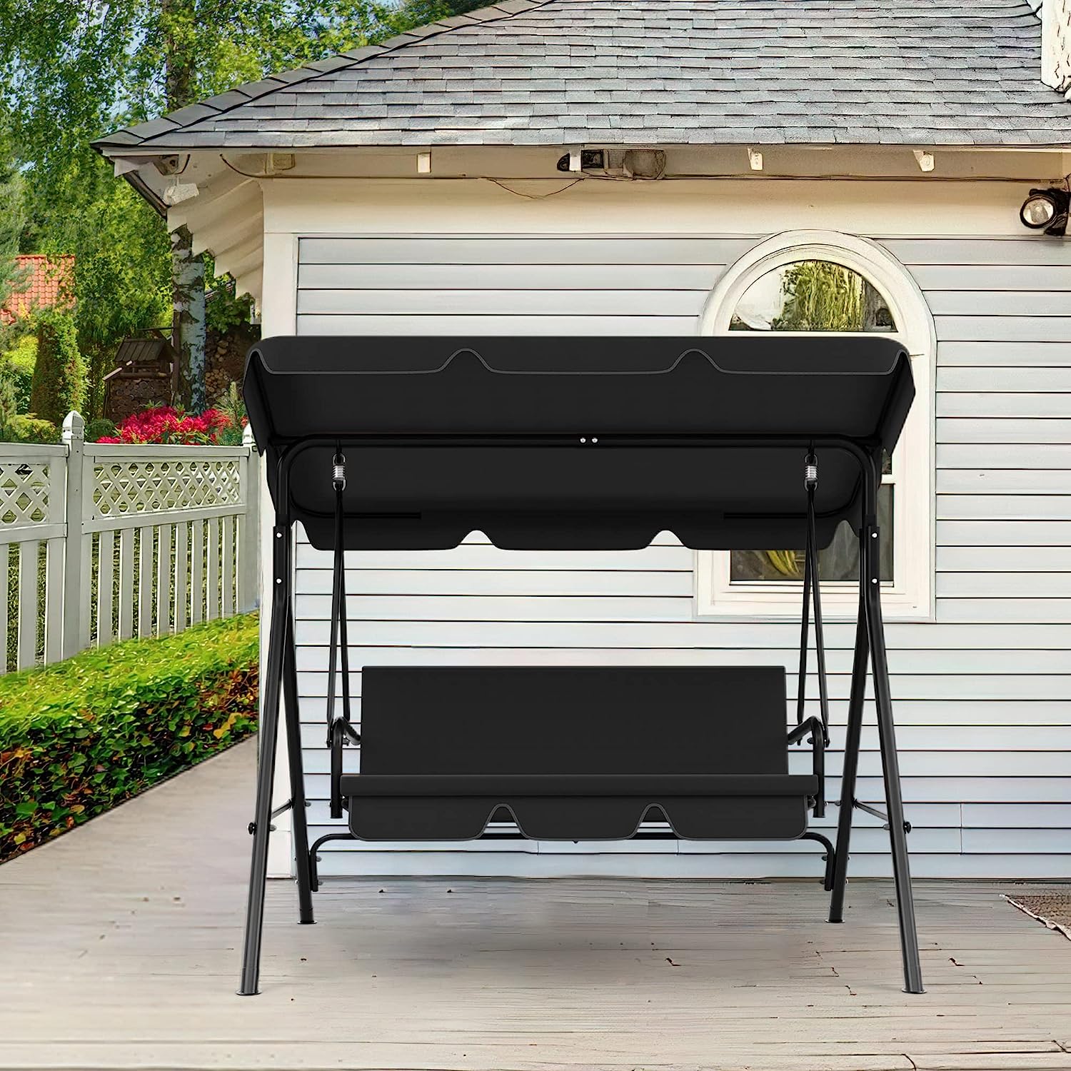 YITAHOME 3-Seat Porch Swing Outdoor Heavy Duty Patio Swing Chair with Stand Adjustable Canopy Soft Cushion for Garden, Patio, Lawn, Balcony and Deck, Black