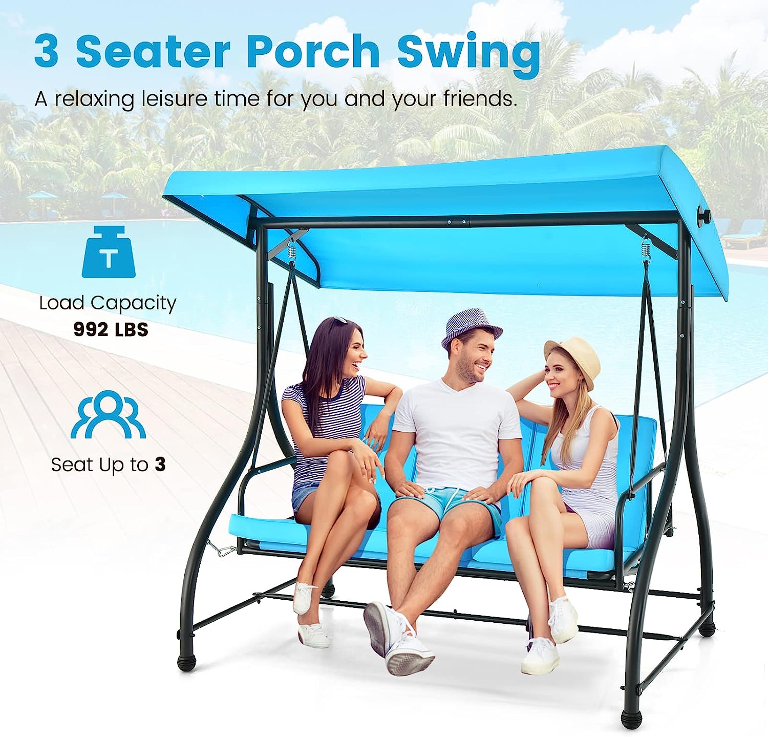 Tangkula 3 Person Porch Swing, 2-in-1 Convertible Patio Swing Bed with Removable Cushions, Solid Steel Structure, Outdoor Swing with Adjustable Canopy for Backyard, Balcony, Poolside (Turquoise)