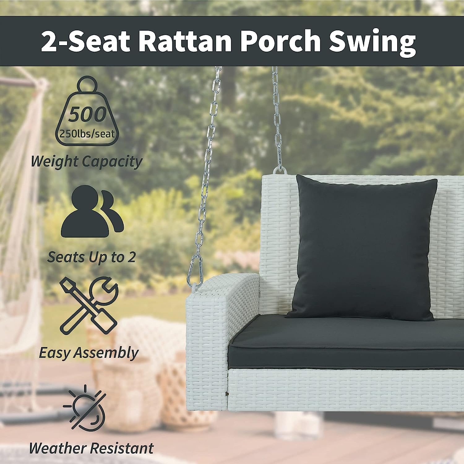 Patio 51.9” 2-Person Swing Chair,Outdoor Rattan Woven Hanging Seat with Adjustable Rope and Cushion,for Porch Lawn Garden Backyard Balconies (Black&b)