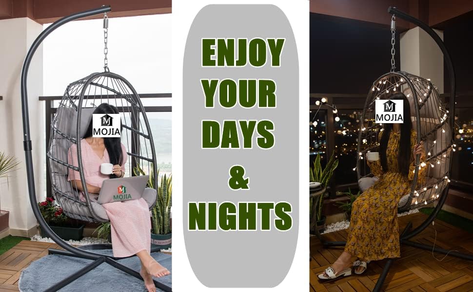 MOJIA Egg Chair with Stand and Oxford Cover, Patio Wicker Hanging Swing Chair with UV Resistant Cushion and Foldable Seat Basket