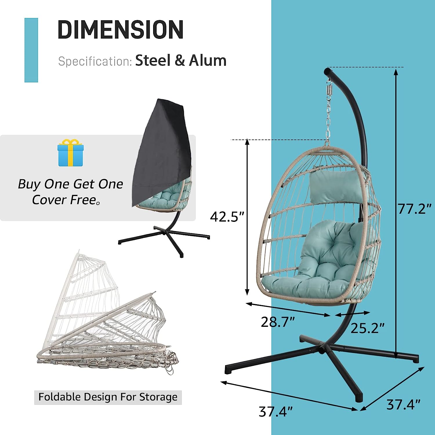 Patiorama Indoor Outdoor Egg Swing Chair with Stand, Patio Grey Wicker Rattan Hanging Chair with Rope Back, Cushion,Cover,All Weather Foldable Hammock Chair for Bedroom, Garden (Light Grey)