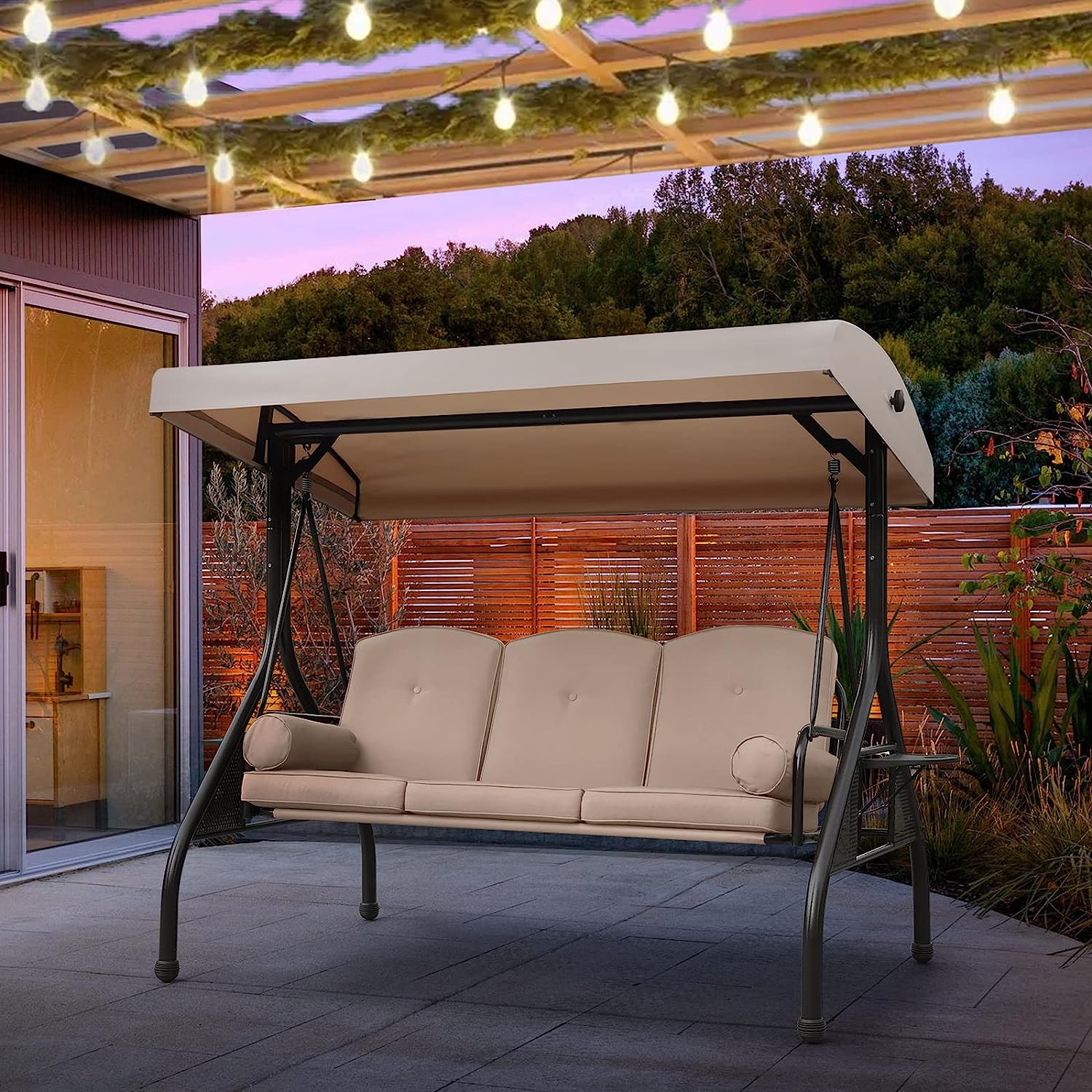 NOBLEMOOD Patio Porch Swing, 3-Seat Outdoor Swing with Adjustable Canopy, Thickened Cushion, Pillow and Foldable Side Tray for Patio, Backyard, Porch Swing Bed for Spring(Khaki)