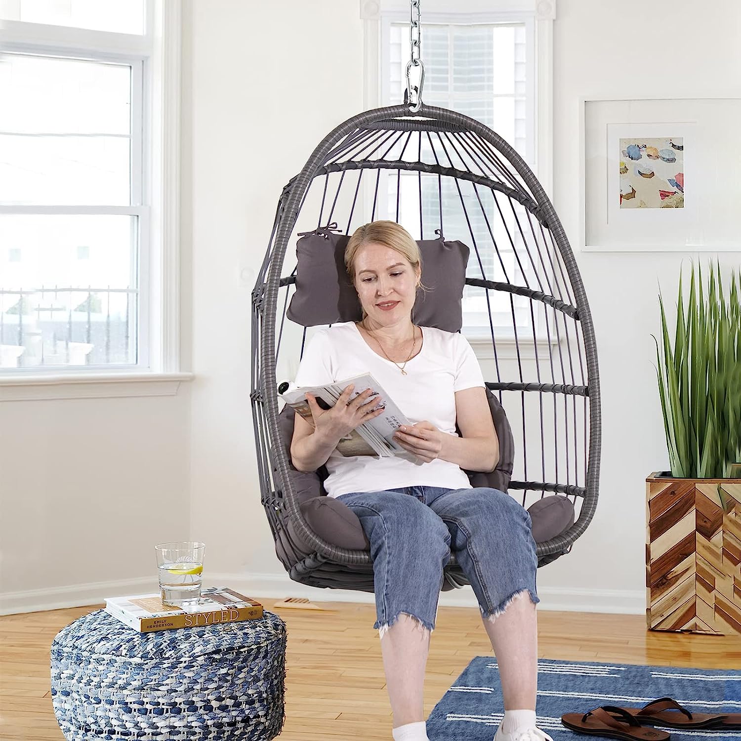 Patiorama Indoor Outdoor Egg Swing Chair with Stand, Patio Grey Wicker Rattan Hanging Chair with Rope Back, Cushion,Cover,All Weather Foldable Hammock Chair for Bedroom, Garden (Light Grey)