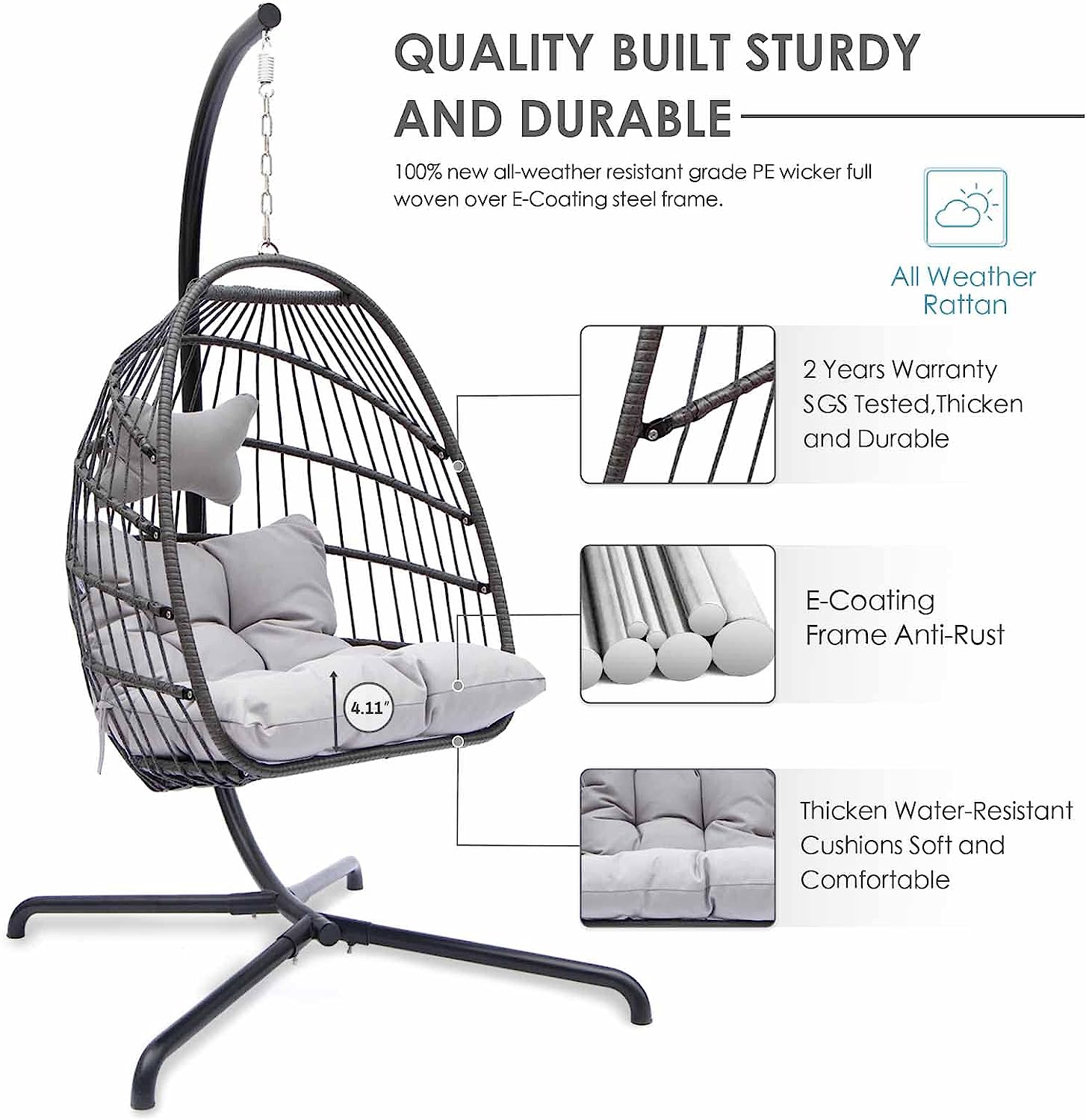 RADIATA Double Egg Chair with Stand Luxury Outdoor Patio Wicker Loveseat Hanging Swing Egg Chairs with Resistant Cushions Metal Frame 500 lbs Capaticy for 2 Persons Patio Backyard Balcony