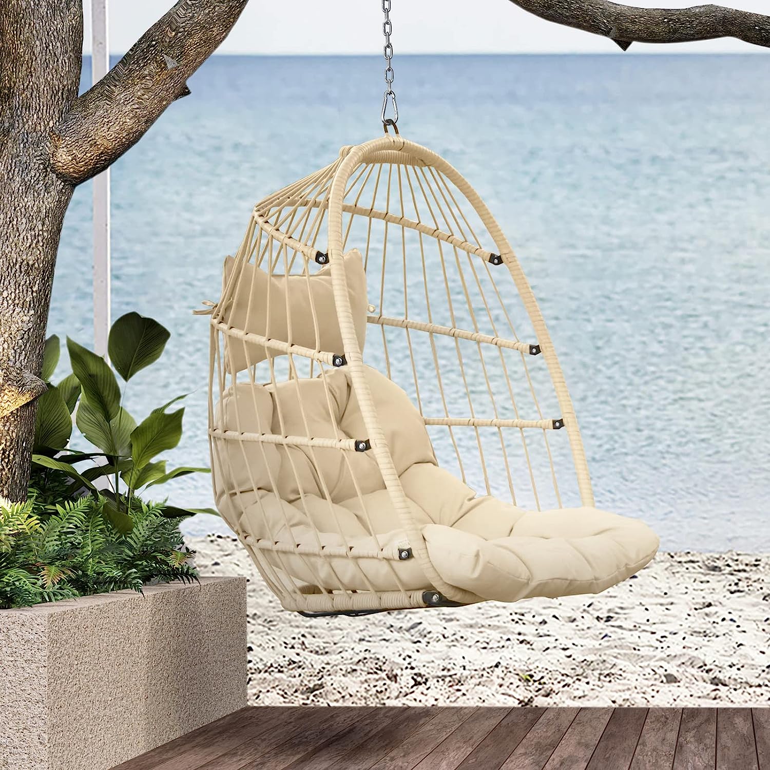 RADIATA Double Egg Chair with Stand Luxury Outdoor Patio Wicker Loveseat Hanging Swing Egg Chairs with Resistant Cushions Metal Frame 500 lbs Capaticy for 2 Persons Patio Backyard Balcony