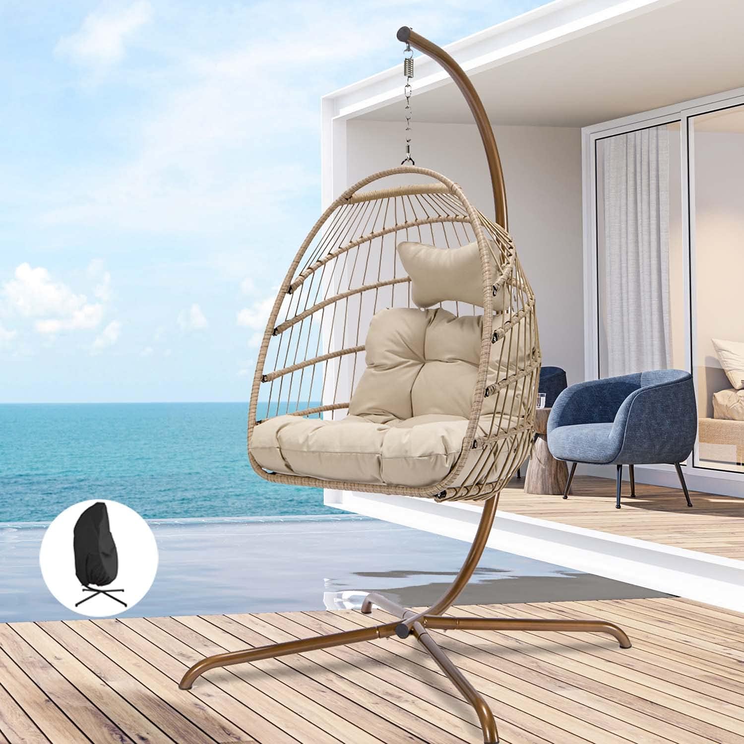 Swing Egg Chair Without Stand Indoor Outdoor Wicker Rattan Patio Basket Hanging Chair with UV Resistant Cushions 265lbs Capaticy for Bedroom Balcony Patio (Without Stand)