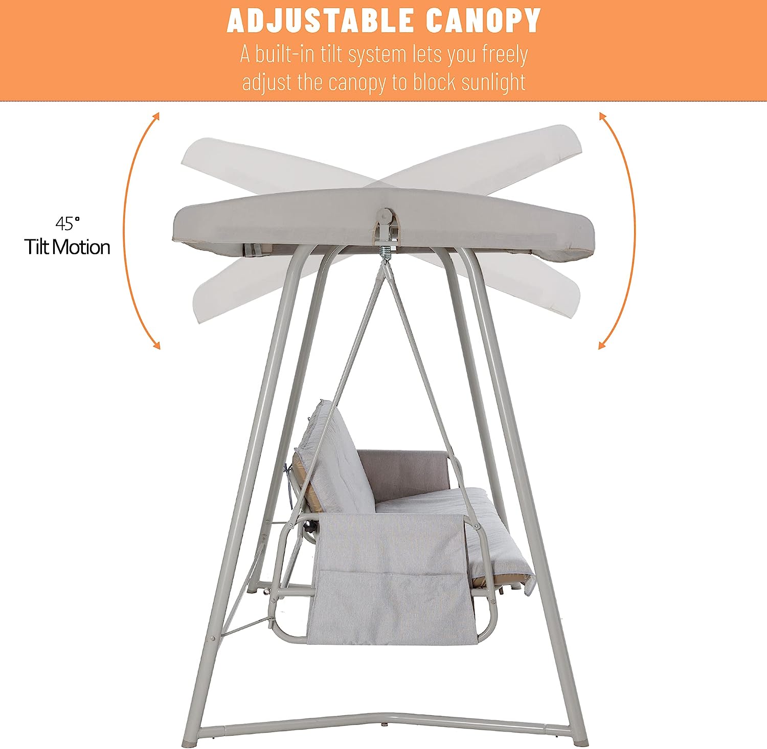 3-Seater Outdoor Convertible Canopy Swing Chair Bench Bed with Comfortable Cushion Seats for Patio Porch Garden