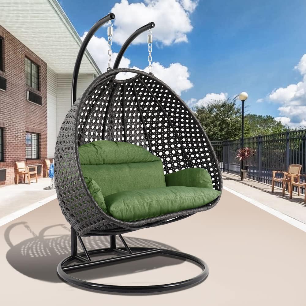 LeisureMod 2 Person Hanging Double Swing Chair, X-Large Wicker Rattan Egg Chair with Stand and Cushion for Indoor Outdoor Patio Garden (Light Green)