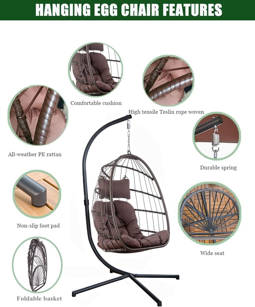 Mojia Patio Wicker Hanging Egg Swing Chair with Stand, Hammock Egg Chairs Foldable UV Resistant Cushions 440lbs Capaticy (Gray)