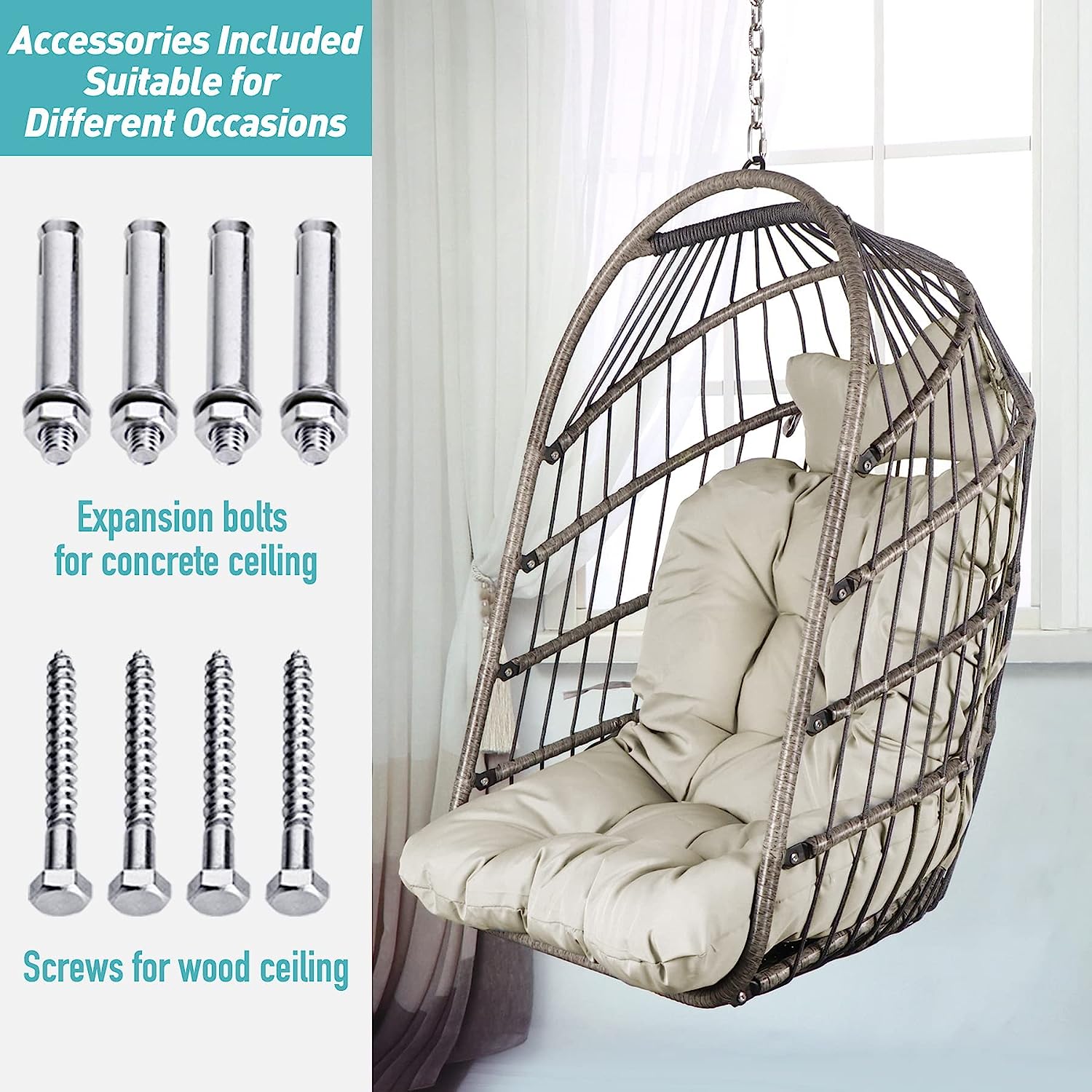 Chihee Egg Chair Foldable Wicker Rattan Hanging Chair Swing Chair Indoor Outdoor Patio Wicker Chair Hammock Chair with Stainless Steel Hanging Kit Chain Link UV Resistant Cushion Bedroom Balcony