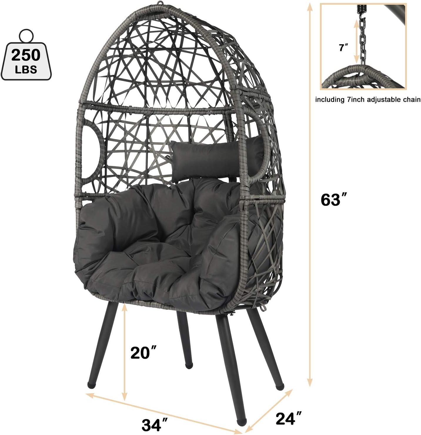 LAZZO Swing Egg Chair, Rattan Hanging Chair, Indoor & Outdoor Hammock Chair with Seat Cushion & Pillow for Patio Porch Lounge Bedroom