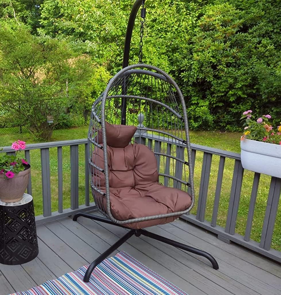 Mojia Patio Wicker Hanging Egg Swing Chair with Stand, Hammock Egg Chairs Foldable UV Resistant Cushions 440lbs Capaticy (Gray)