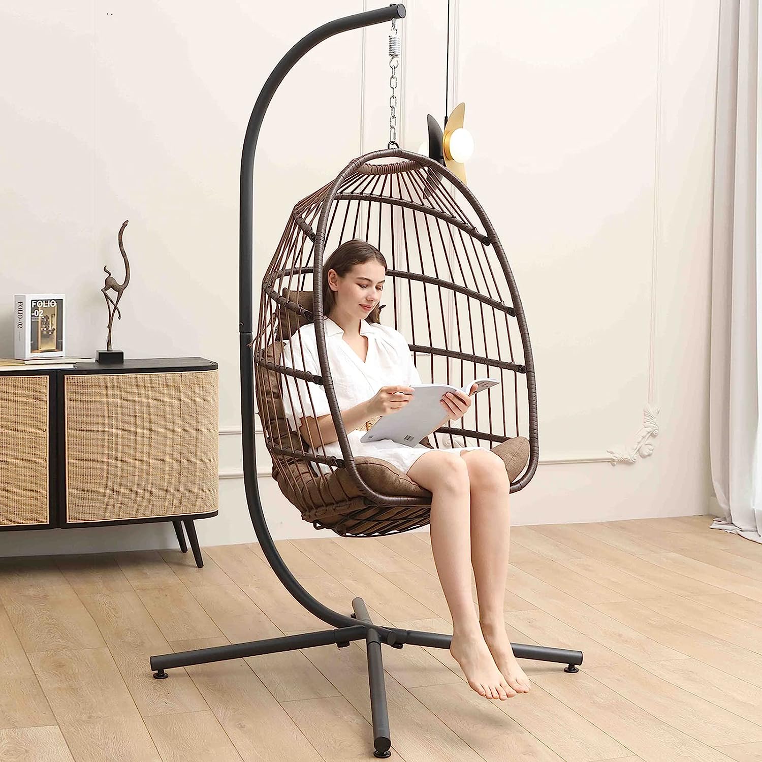 SWITTE Hanging Egg Chair with Stand, Egg Swing Hammock Chair with Stand, Indoor Outdoor Wicker Egg Chair with Cushion Headrest for Patio Bedroom Porch Garden, 350LBS Capacity(Dark Grey)