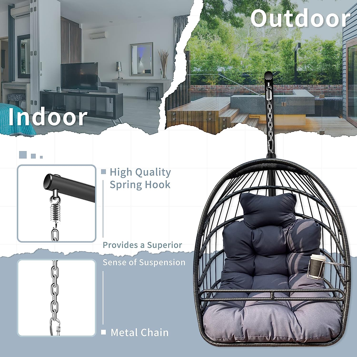 Olela Wicker Egg Swing Chair with Stand Indoor Outdoor,Hanging Egg Chair with Cushion and Pillow,Basket Chair for Bedroom,Living Room or Patio Garden (Natural-Round Base)