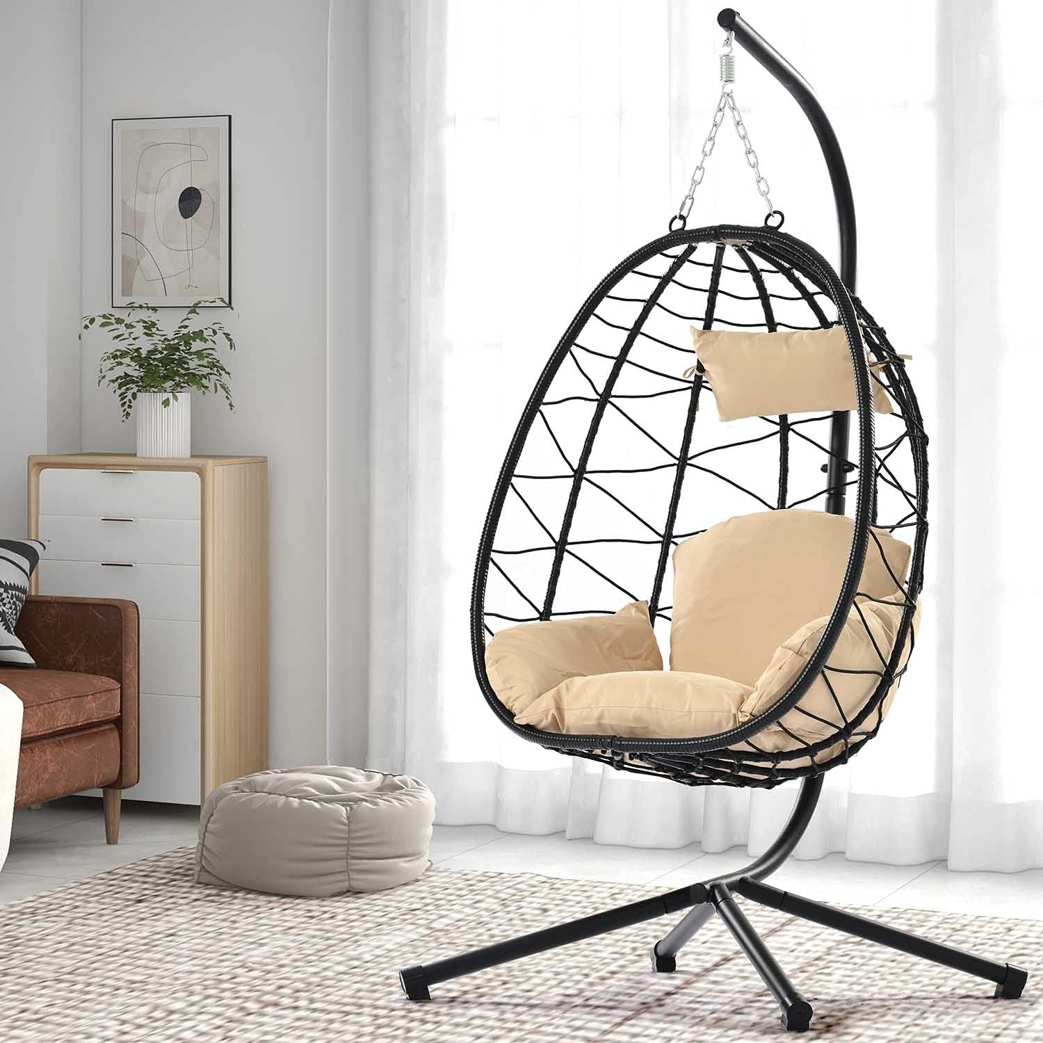 Swing Egg Chair with Stand Indoor Outdoor Wicker Rattan Patio Basket Hanging Chair with UV Resistant Cushions 350lbs Capaticy for Bedroom Balcony Patio (Cream)
