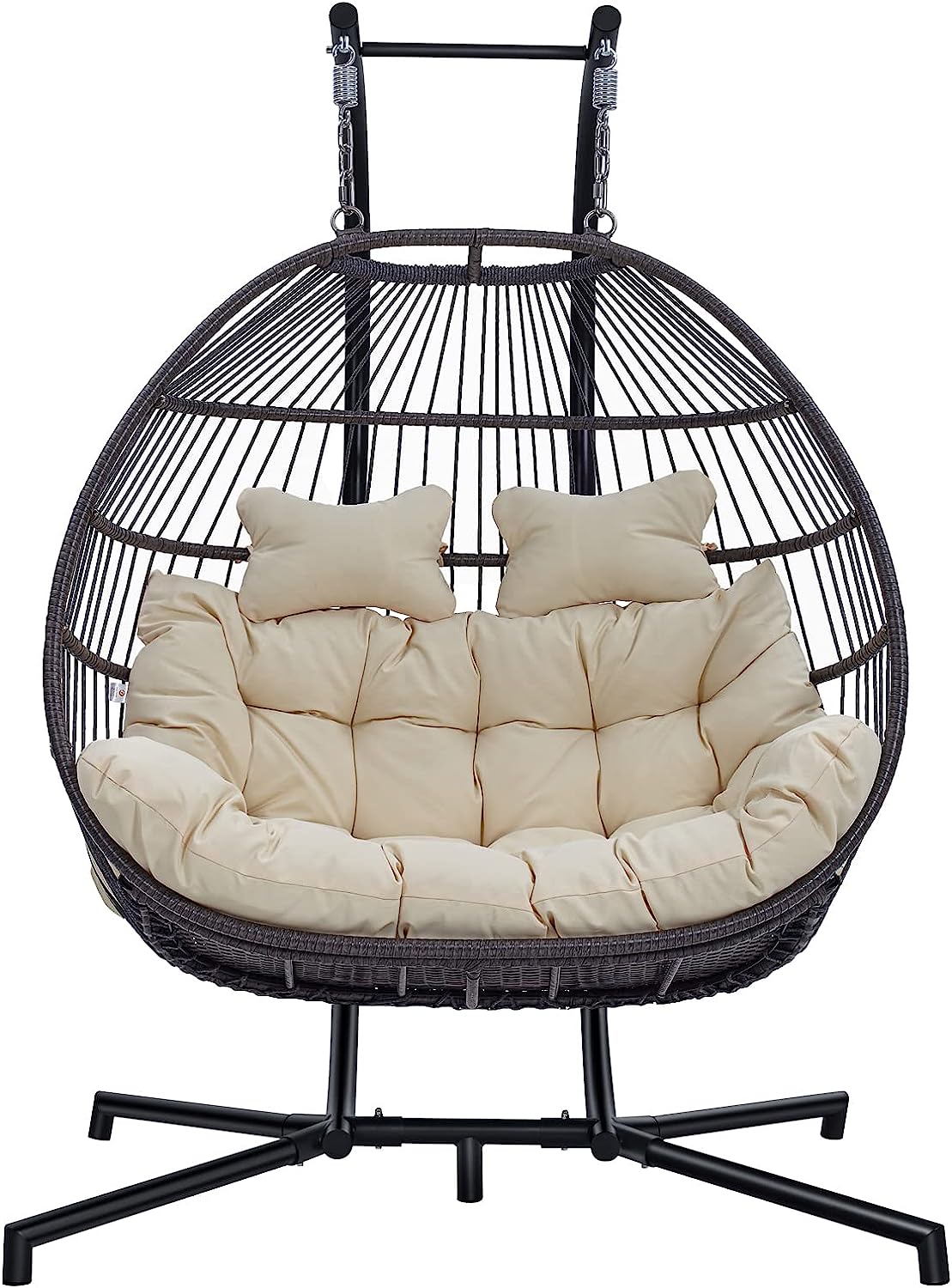 Hanging Egg Chair with Stand, 2 Person Heavy Duty Hanging Wicker Rattan Swing Chair Basket Hammock Nest Chair Seat for Indoor Outdoor Patio Lounger Swinging Loveseat (Beige)