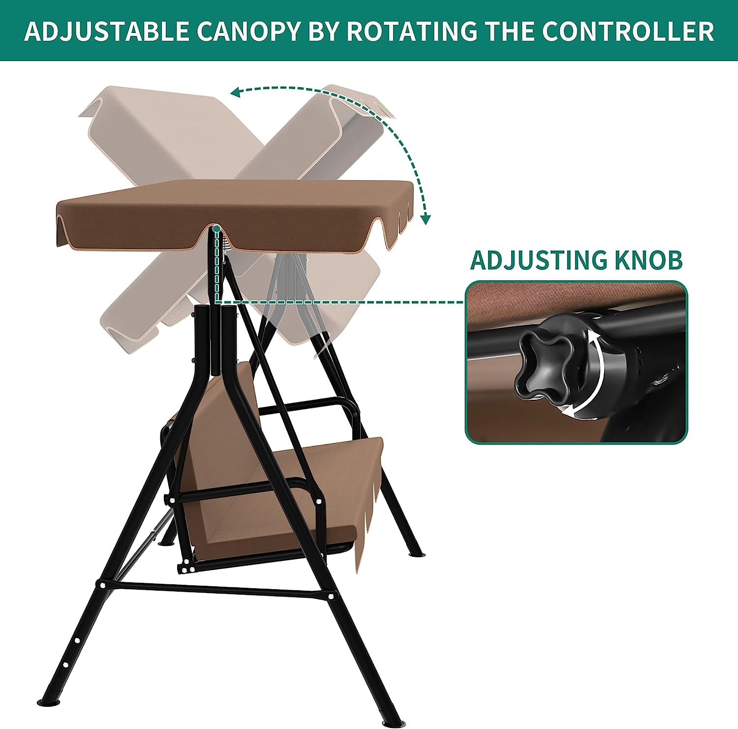 YITAHOME 3-Seat Porch Swing Outdoor Heavy Duty Patio Swing Chair with Stand Adjustable Canopy Soft Cushion for Garden, Patio, Lawn, Balcony and Deck, Black