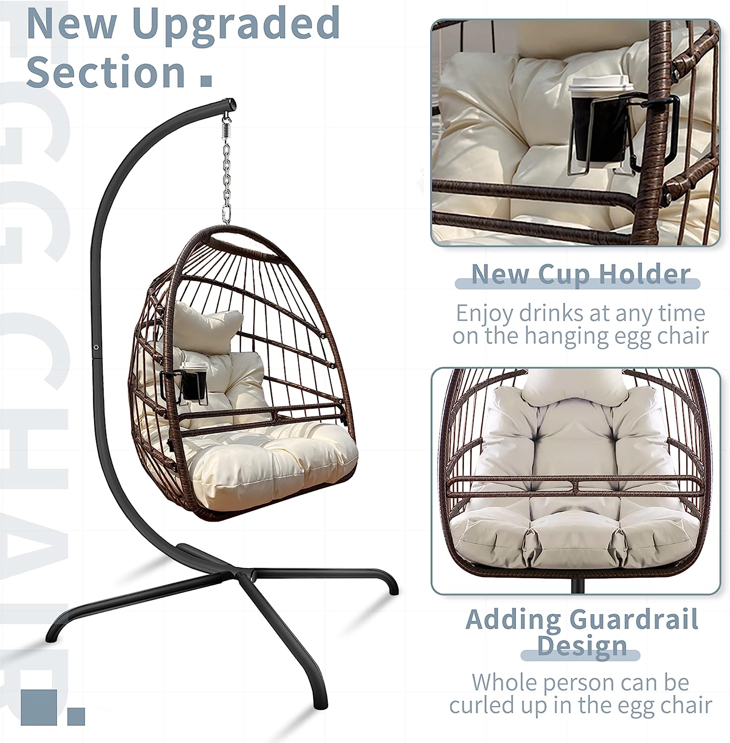 Olela Wicker Egg Swing Chair with Stand Indoor Outdoor,Hanging Egg Chair with Cushion and Pillow,Basket Chair for Bedroom,Living Room or Patio Garden (Natural-Round Base)