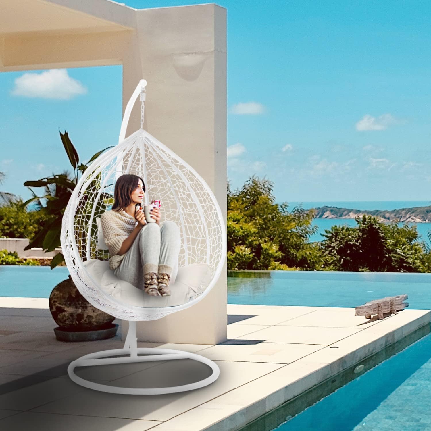 J.M.Deco Porch Swing Chair with Stand, Cushion & Pillow, Goldden Egg Rattan Wicker Swing Hanging Chair, Hammock Chair for Indoor, Outdoor, Garden, Backyard & Patio