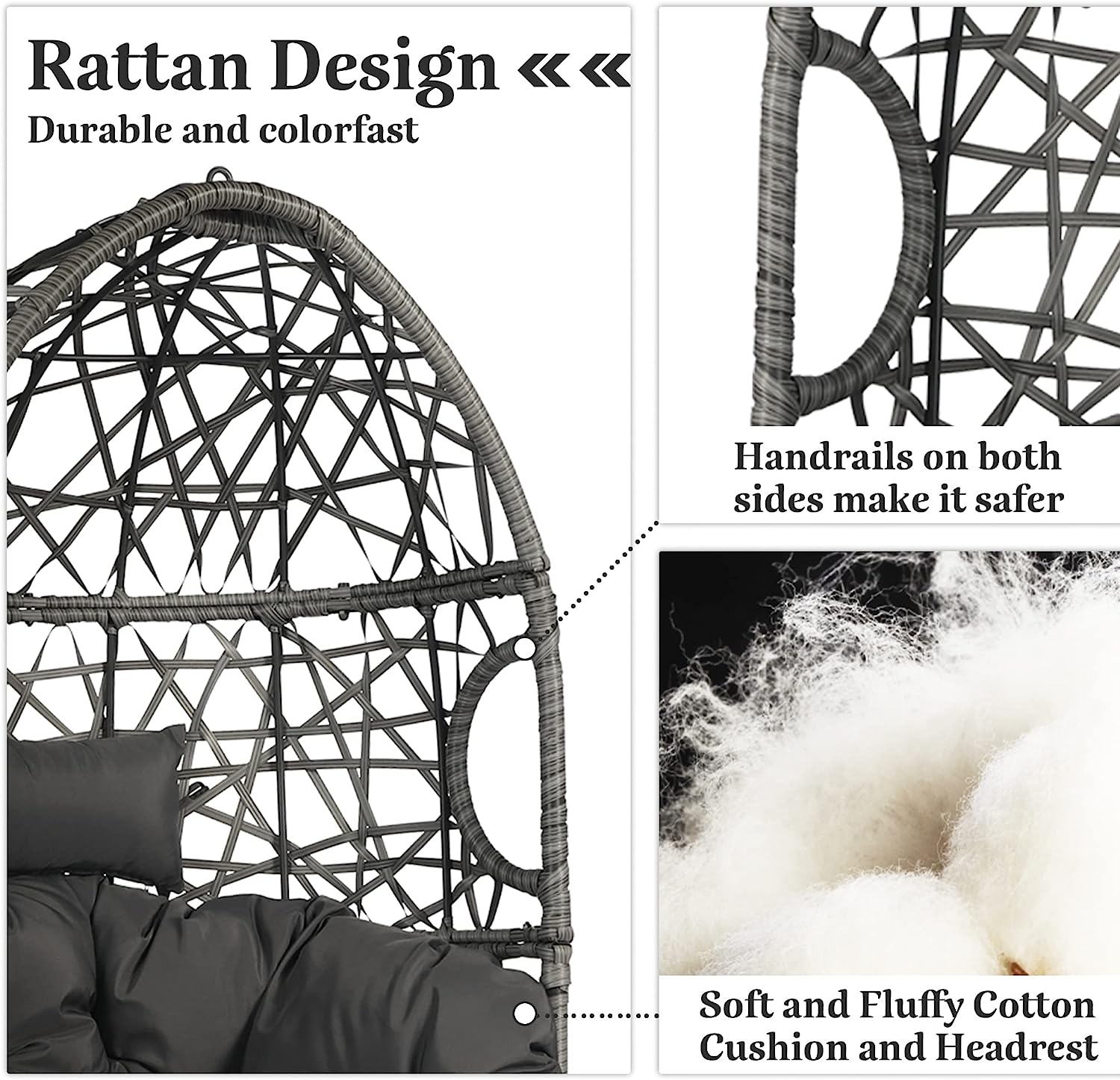 HOPUBUY Hammock Chair Egg Chair with Stand, Hanging Chair with Cushion and Pillow, Rattan Egg Swing Chair for Outdoor Indoor Bedroom, Porch, Balcony, Tree (C-Stand not Included)