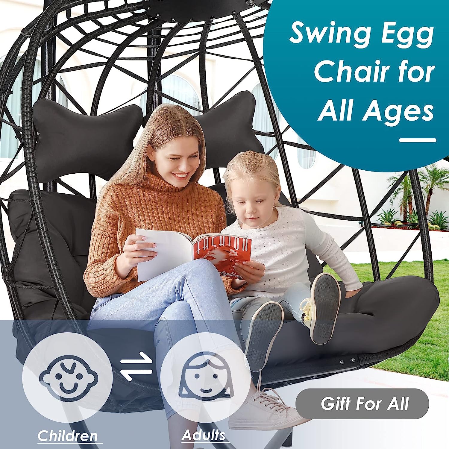 Swing Egg Chair with Stand Indoor Outdoor Wicker Rattan Patio Basket Hanging Chair with UV Resistant Cushions 350lbs Capaticy for Bedroom Balcony Patio (Cream)
