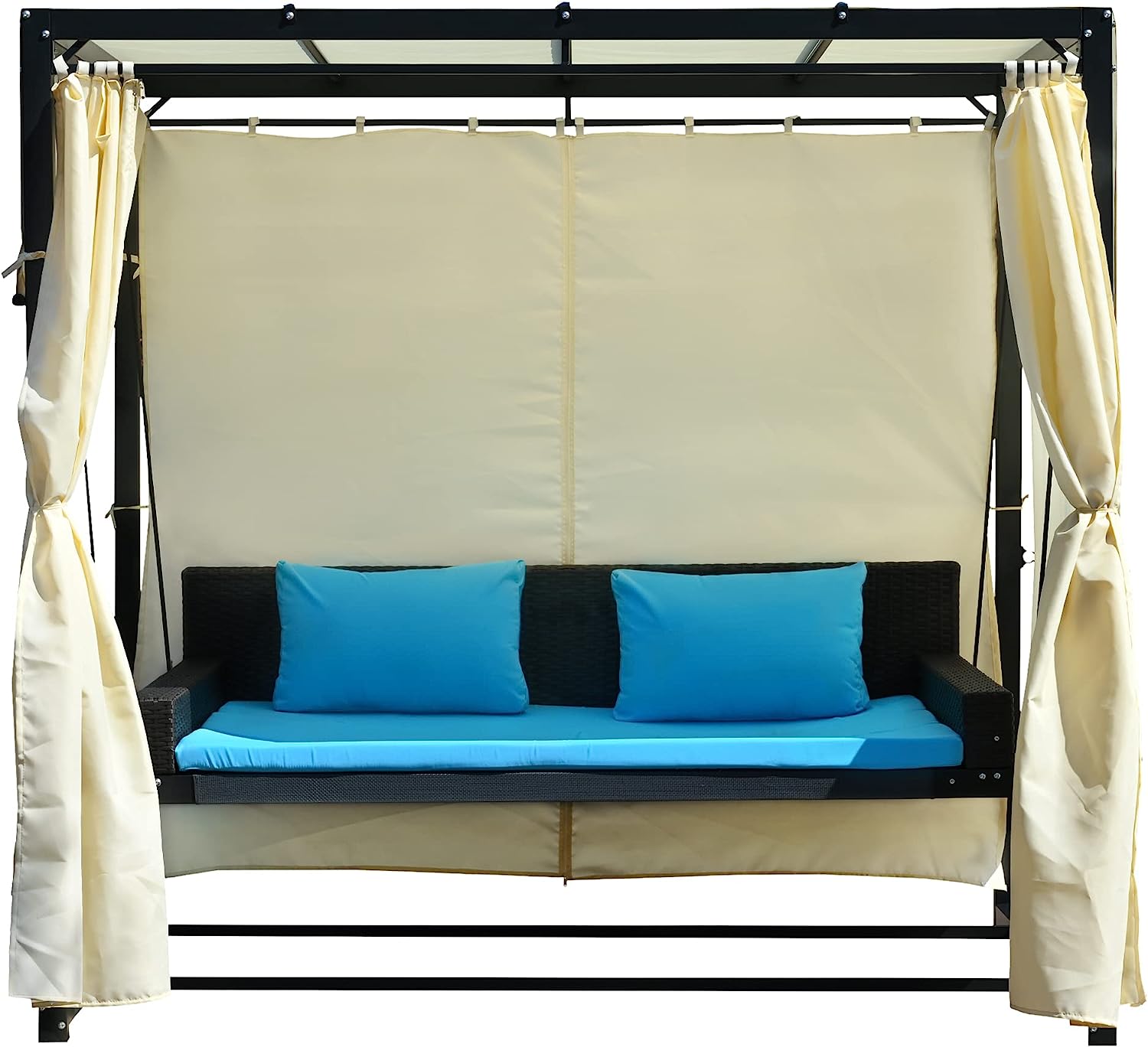 Patio 51.9” 2-Person Swing Chair,Outdoor Rattan Woven Hanging Seat with Adjustable Rope and Cushion,for Porch Lawn Garden Backyard Balconies (Black&b)