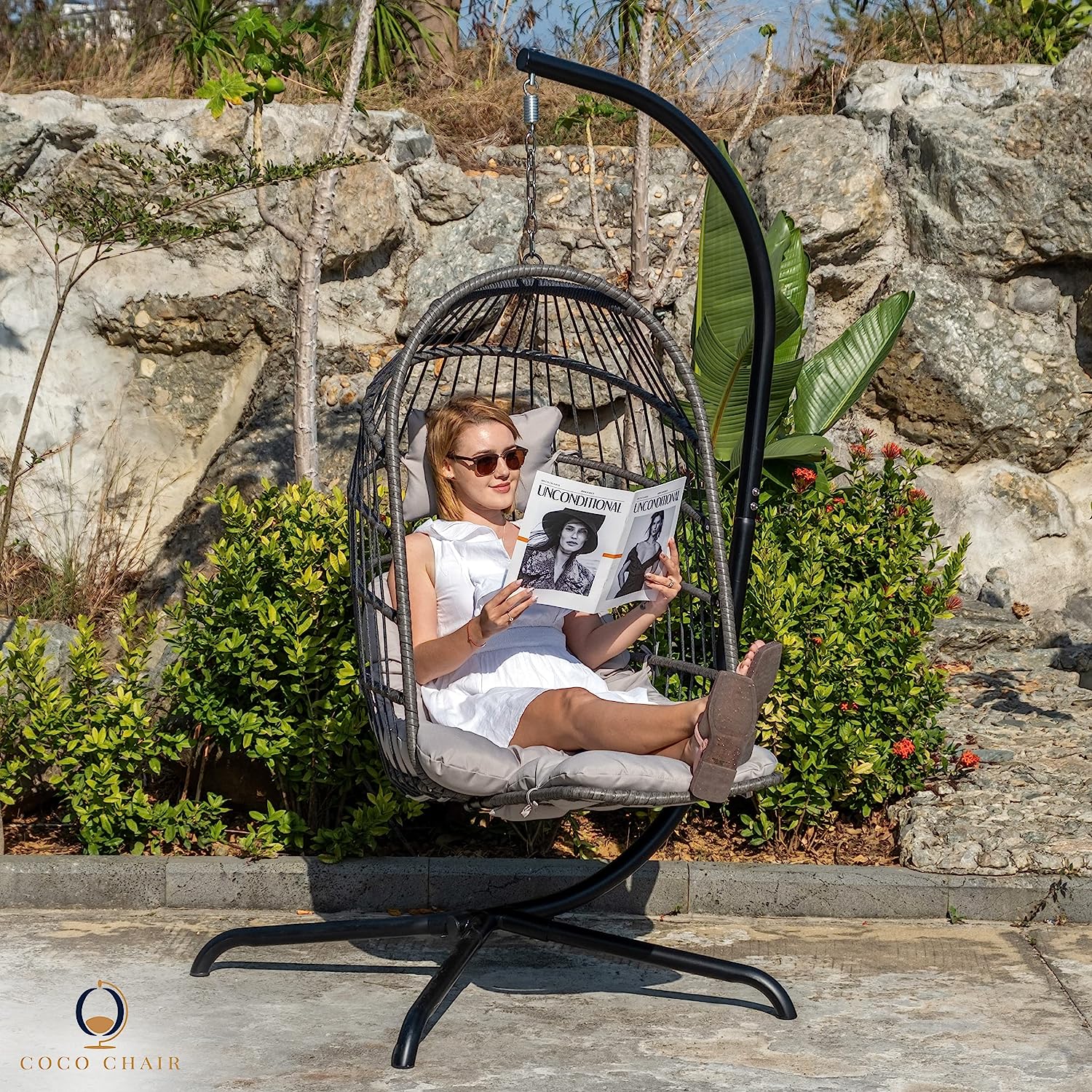Coco Chair Hanging Egg Chair with Stand & Leg Rest | Gray Egg Chair Outdoor with Included Pillow | Swinging Chair for Outdoor and Indoor| Foldable Egg Chair | Perfect Swing Chair for Summer