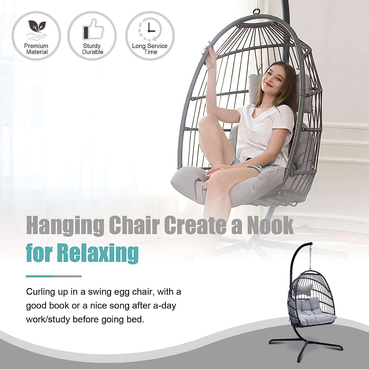 Swing Egg Chair with Stand Indoor Outdoor Wicker Rattan Patio Basket Hanging Chair with UV Resistant Cushions 350lbs Capaticy for Bedroom Balcony Patio (Cream)