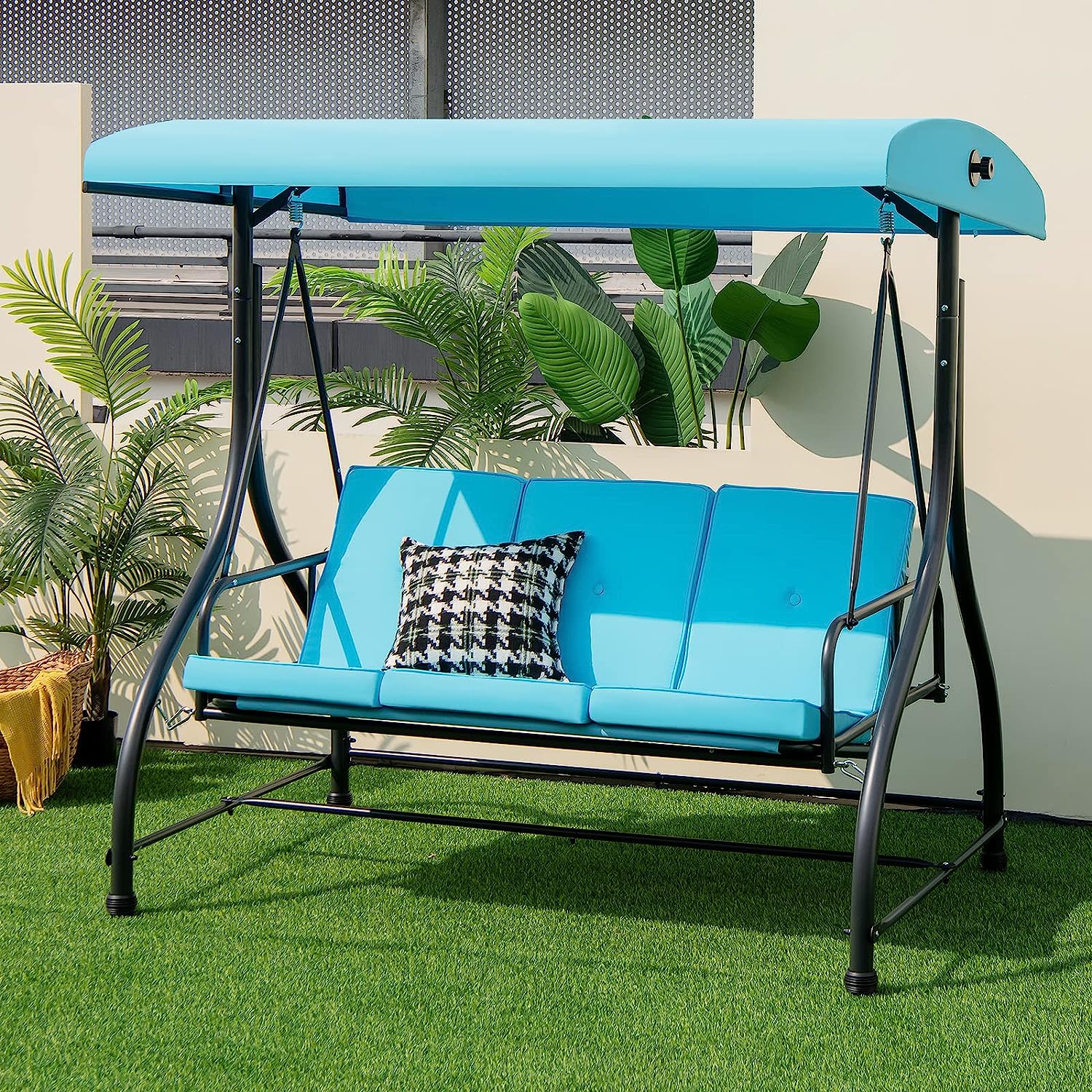 Tangkula 3 Person Porch Swing, 2-in-1 Convertible Patio Swing Bed with Removable Cushions, Solid Steel Structure, Outdoor Swing with Adjustable Canopy for Backyard, Balcony, Poolside (Turquoise)