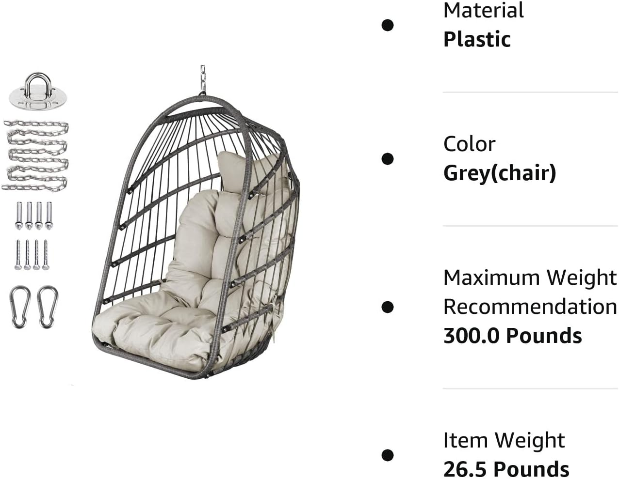 Chihee Egg Chair Foldable Wicker Rattan Hanging Chair Swing Chair Indoor Outdoor Patio Wicker Chair Hammock Chair with Stainless Steel Hanging Kit Chain Link UV Resistant Cushion Bedroom Balcony