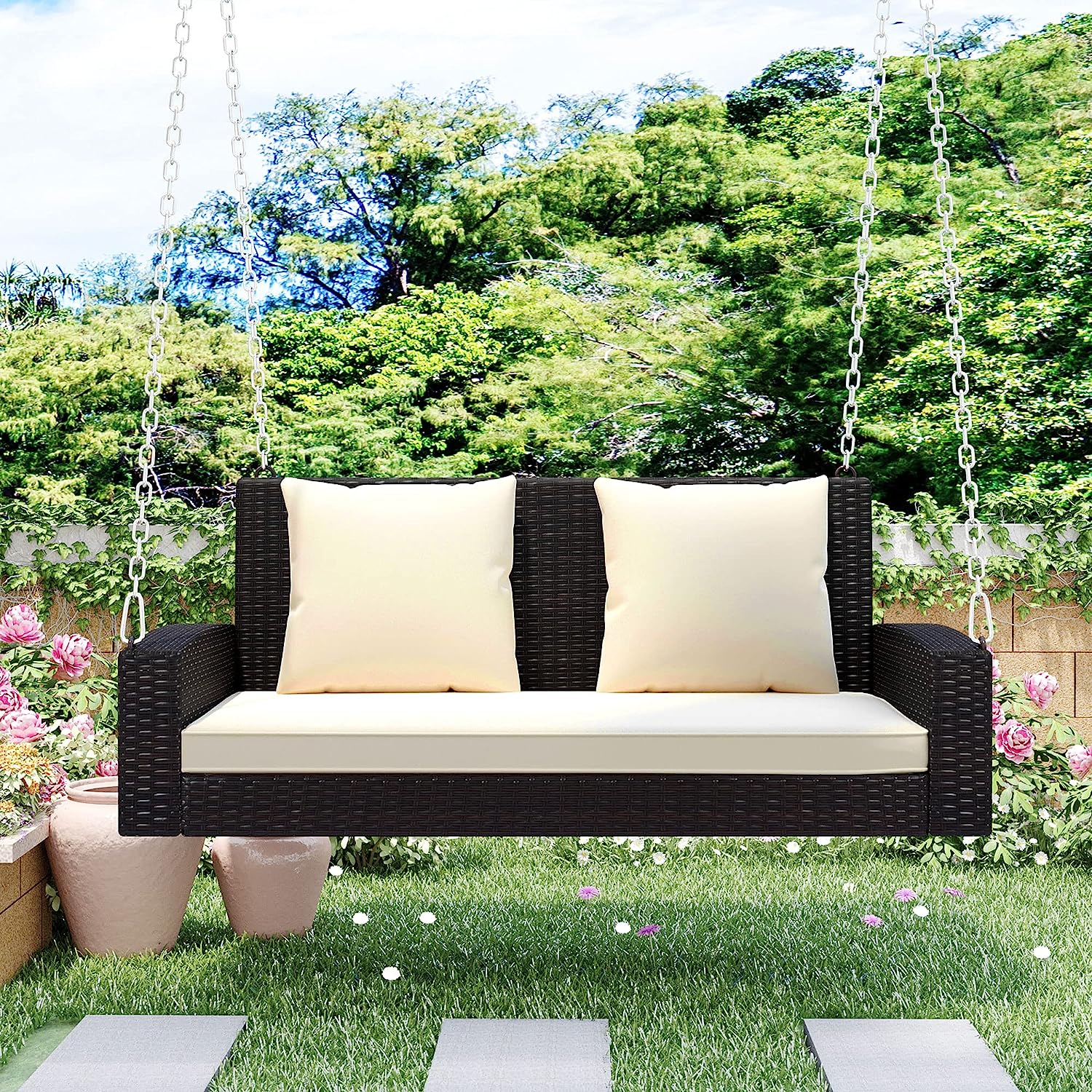 Patio 51.9” 2-Person Swing Chair,Outdoor Rattan Woven Hanging Seat with Adjustable Rope and Cushion,for Porch Lawn Garden Backyard Balconies (Black&b)